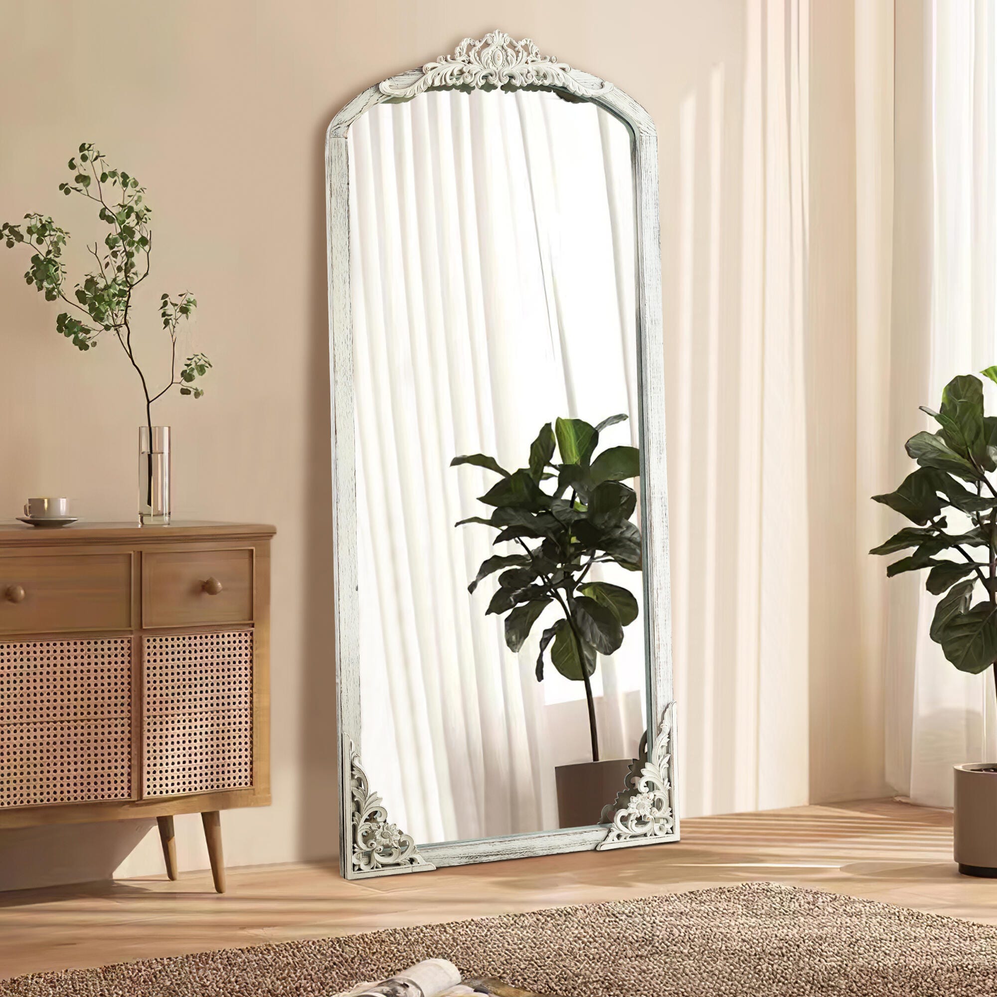Delfina 67" Tall Carved Full Length Mirror, Weathered White, large