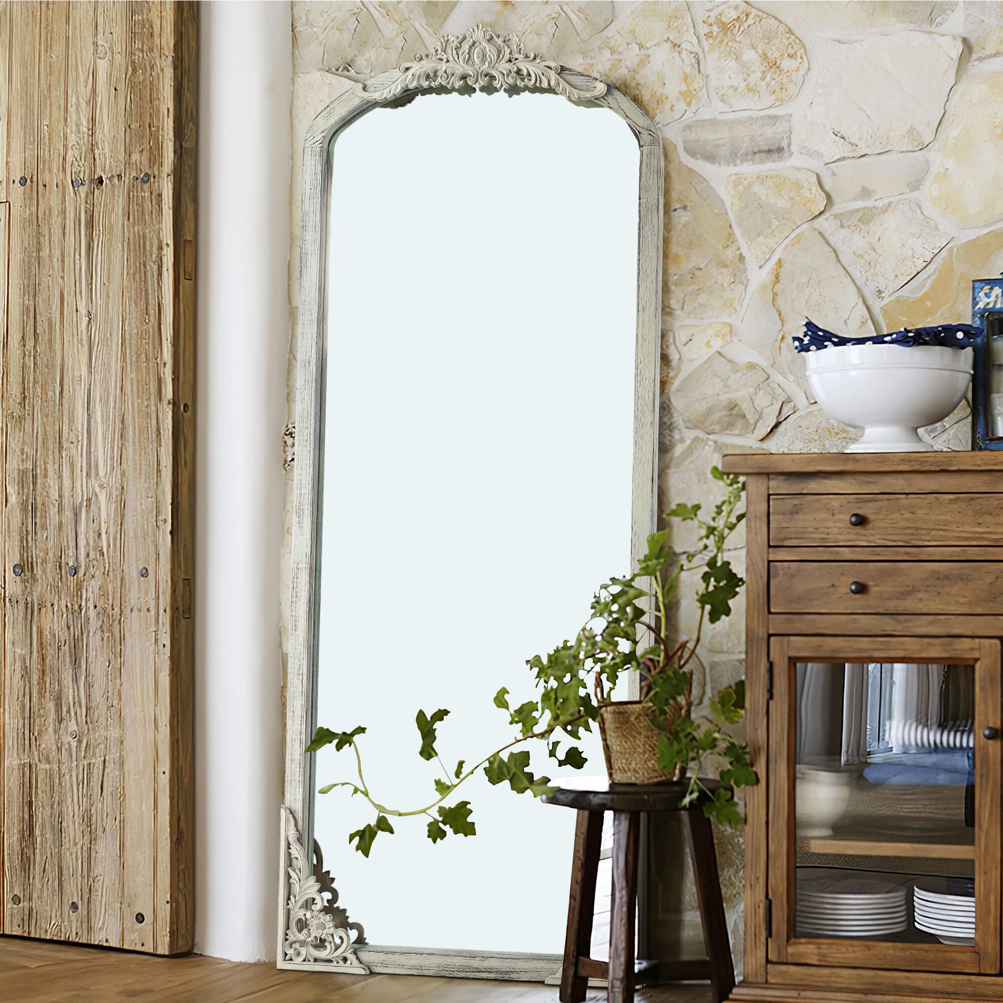 Delfina 67" Tall Carved Full Length Mirror, Weathered White, large