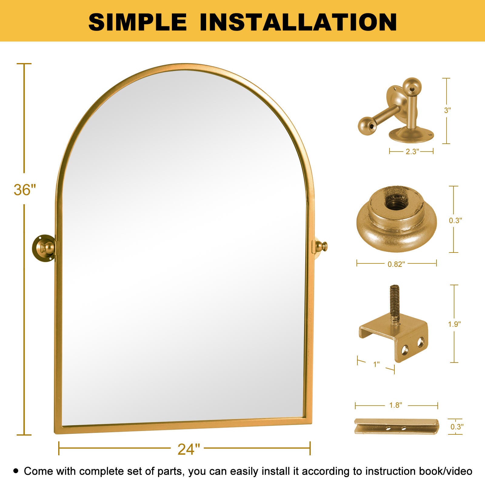 LuminareView Arched Framed Pivoted Bathroom Wall Vanity Mirror, Gold, large