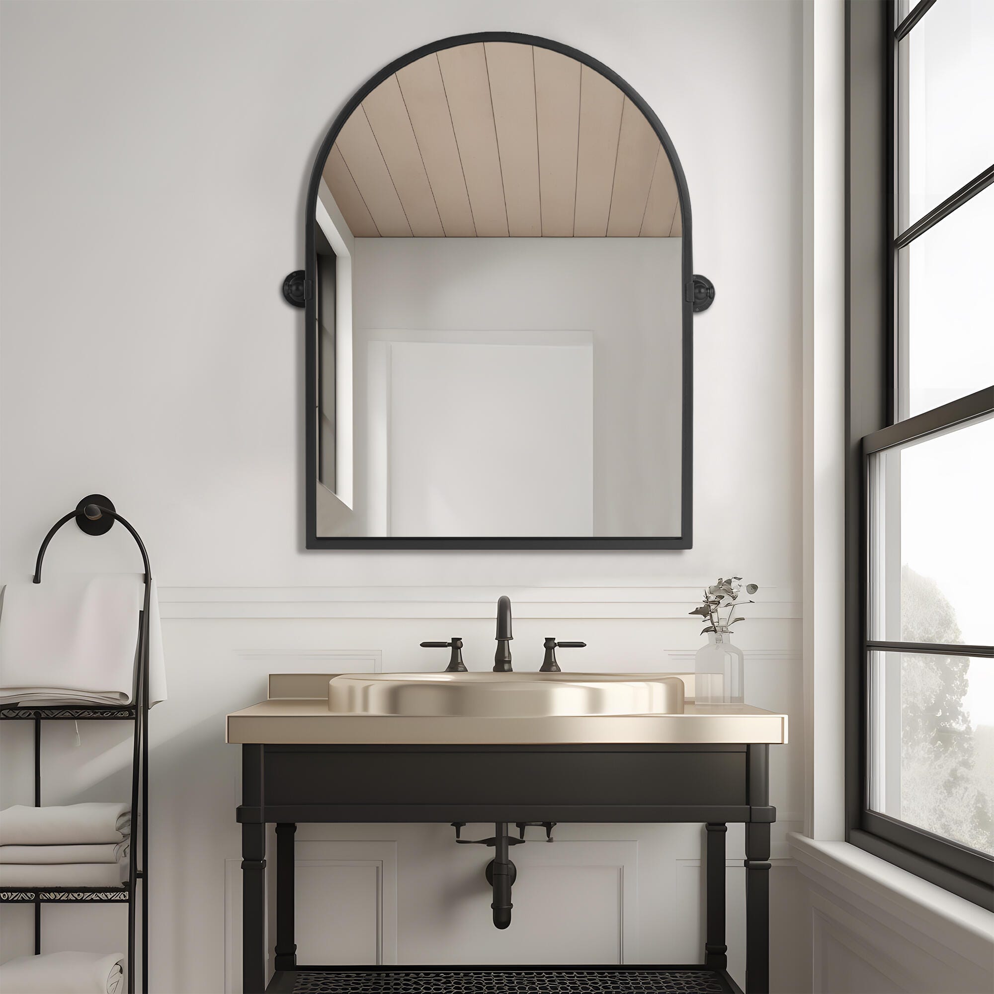 LuminareView Arched Framed Pivoted Bathroom Wall Vanity Mirror, Black, large