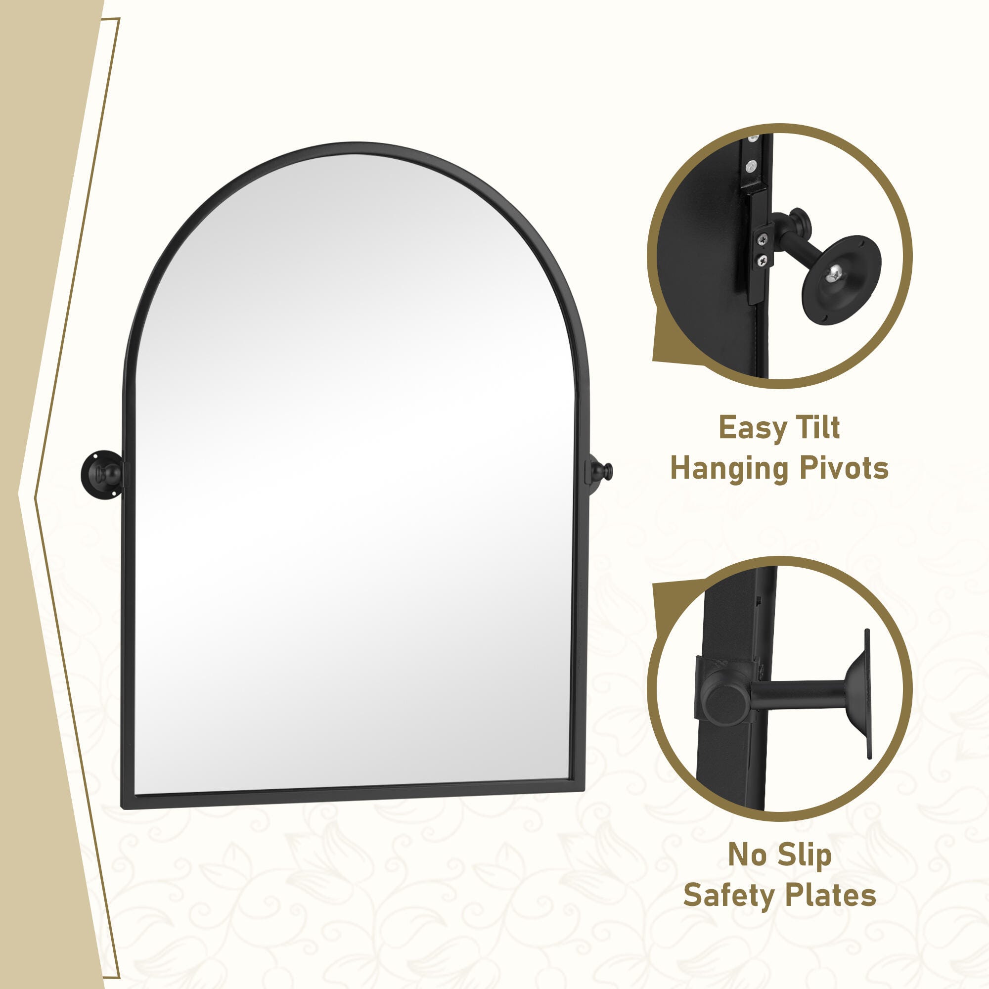 LuminareView Arched Framed Pivoted Bathroom Wall Vanity Mirror, Black, large