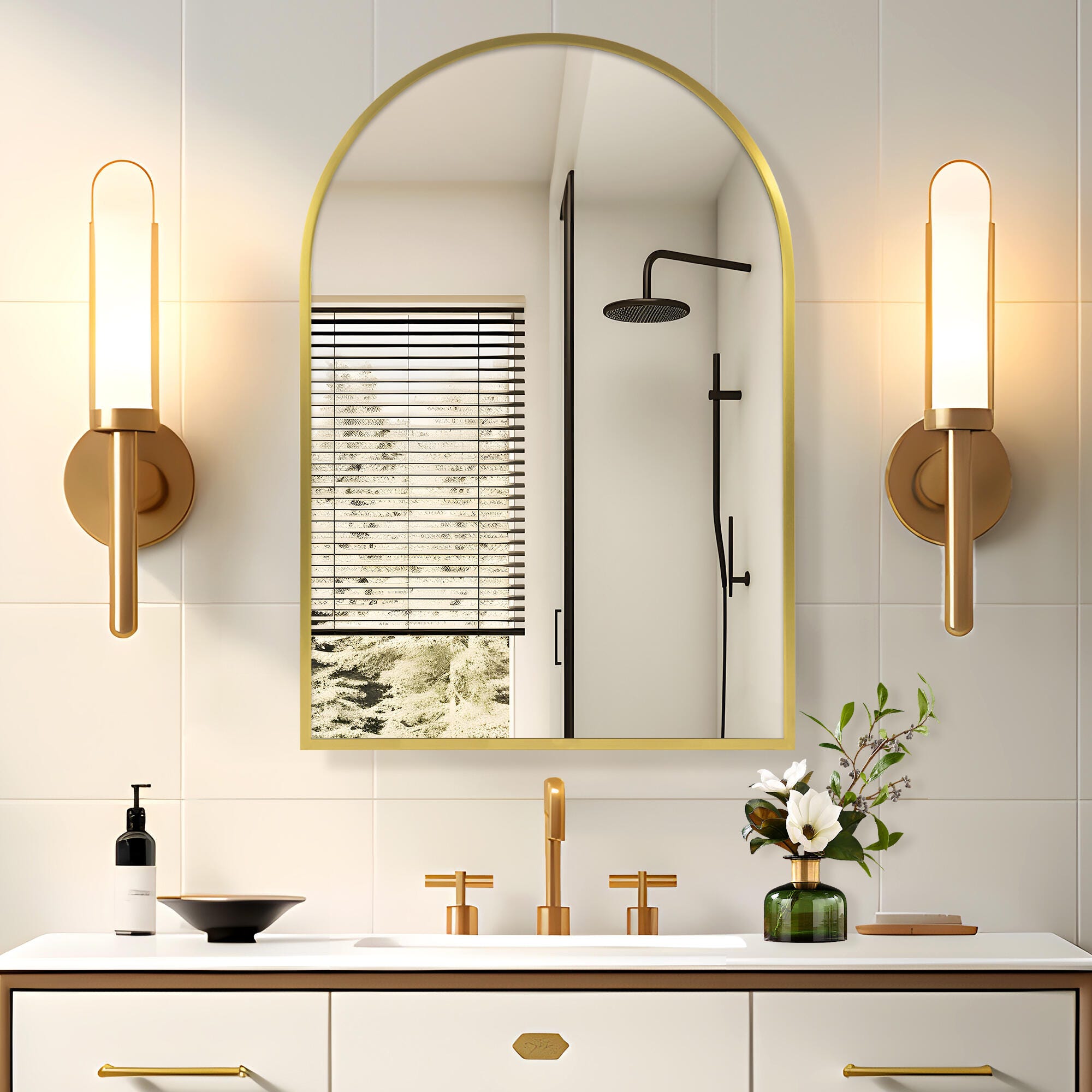 LuminareView Arched Recessed/Surface Mount Medicine Cabinet with Mirror, Gold, large