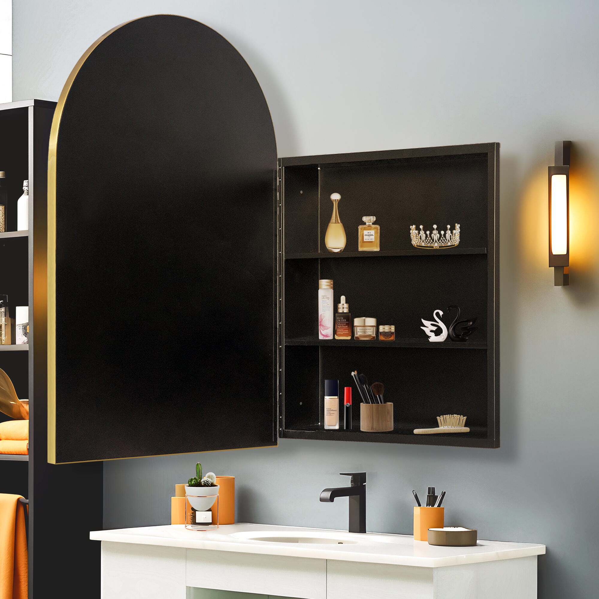 LuminareView Arched Recessed/Surface Mount Medicine Cabinet with Mirror, Gold, large