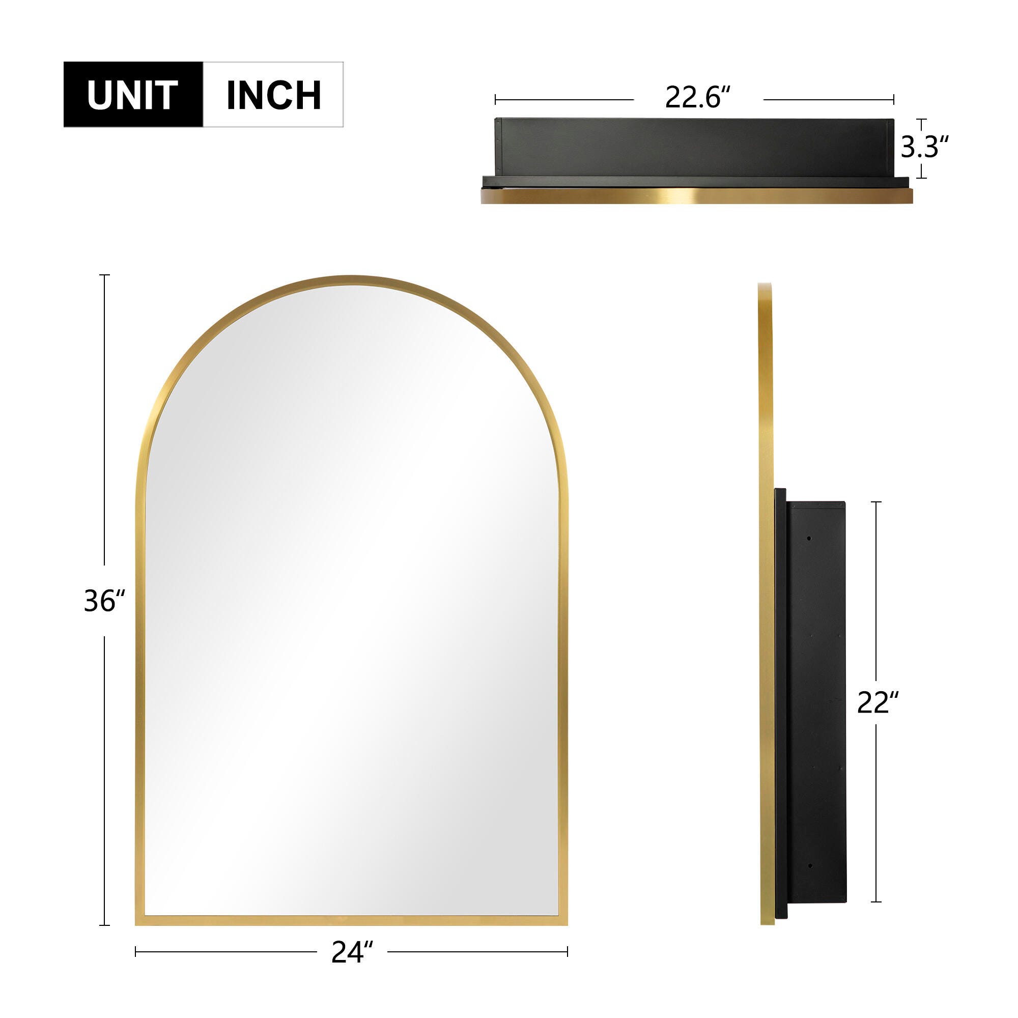 LuminareView Arched Recessed/Surface Mount Medicine Cabinet with Mirror, Gold, large