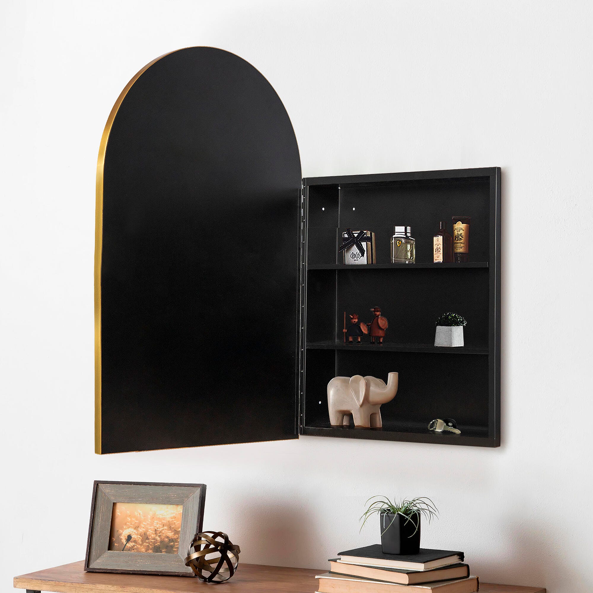 LuminareView Arched Recessed/Surface Mount Medicine Cabinet with Mirror, Gold, large