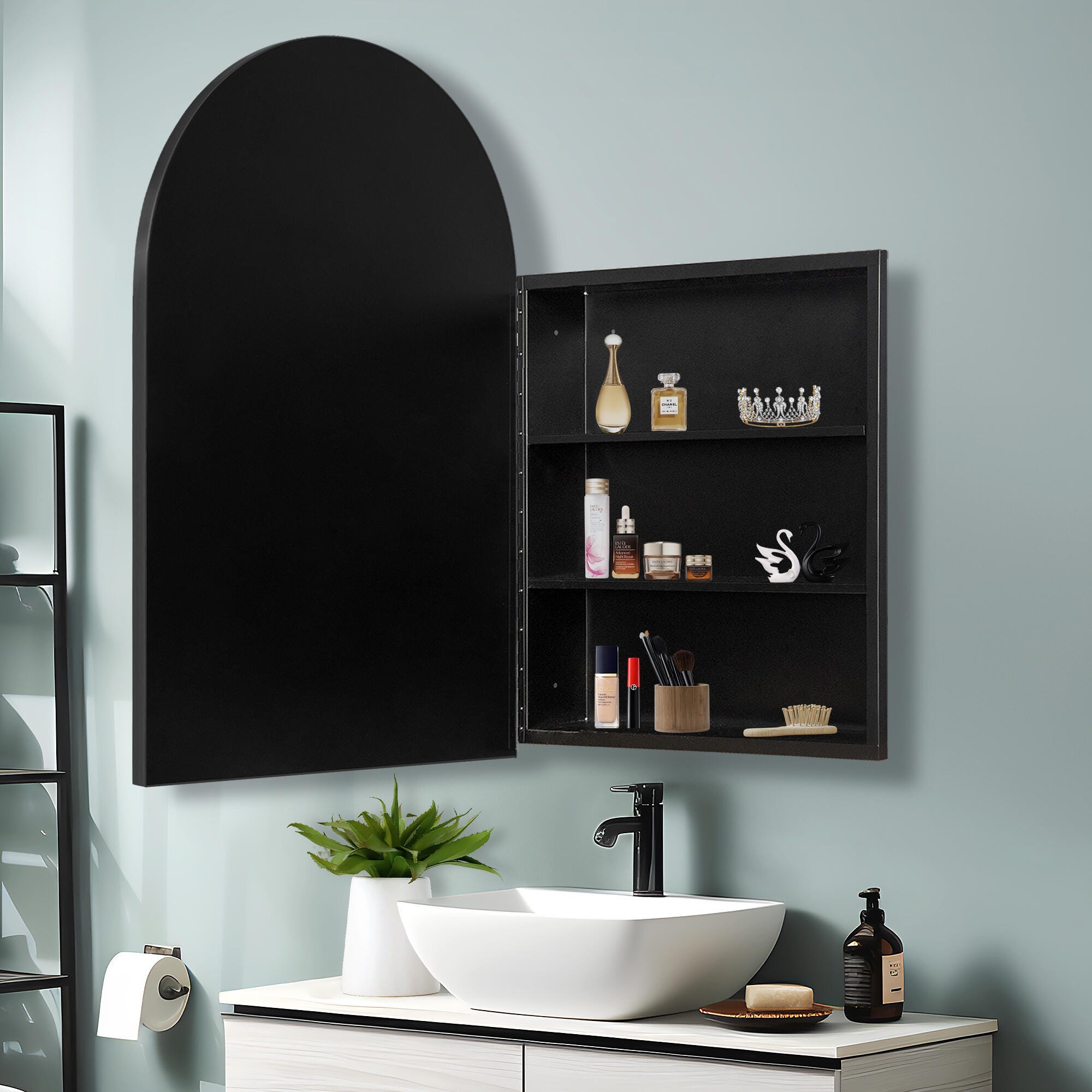 LuminareView Arched Recessed/Surface Mount Medicine Cabinet with Mirror, Black, large