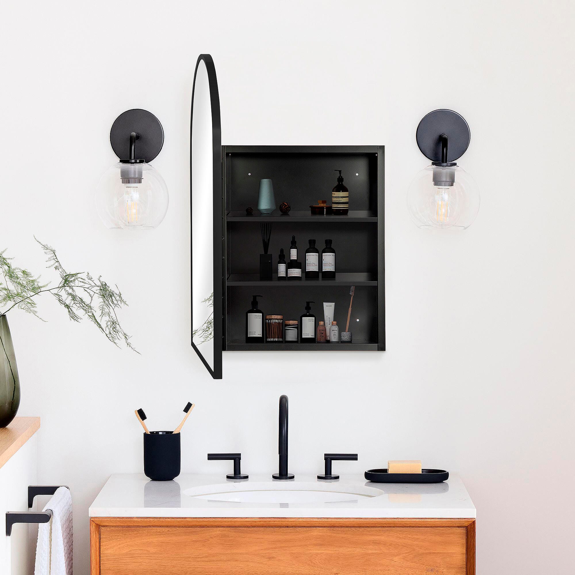 LuminareView Arched Recessed/Surface Mount Medicine Cabinet with Mirror, Black, large