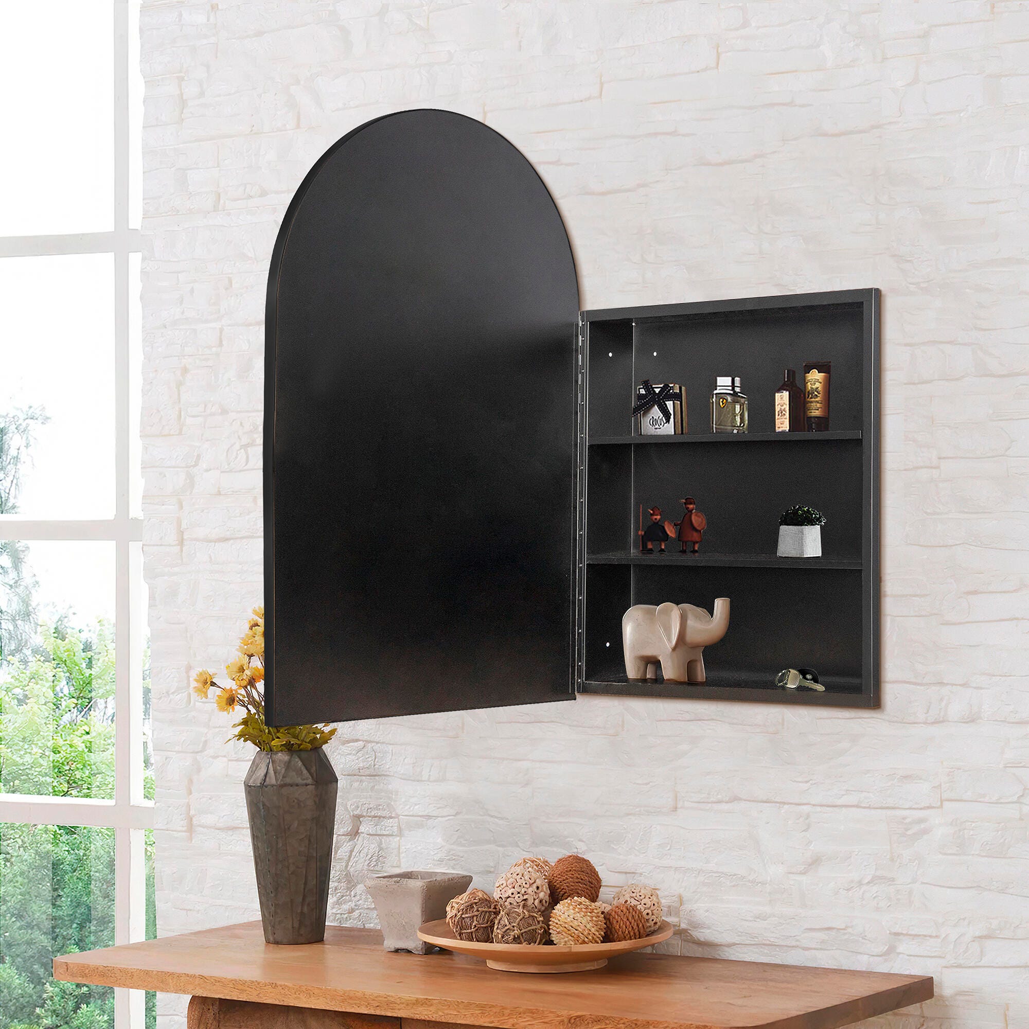 LuminareView Arched Recessed/Surface Mount Medicine Cabinet with Mirror, Black, large