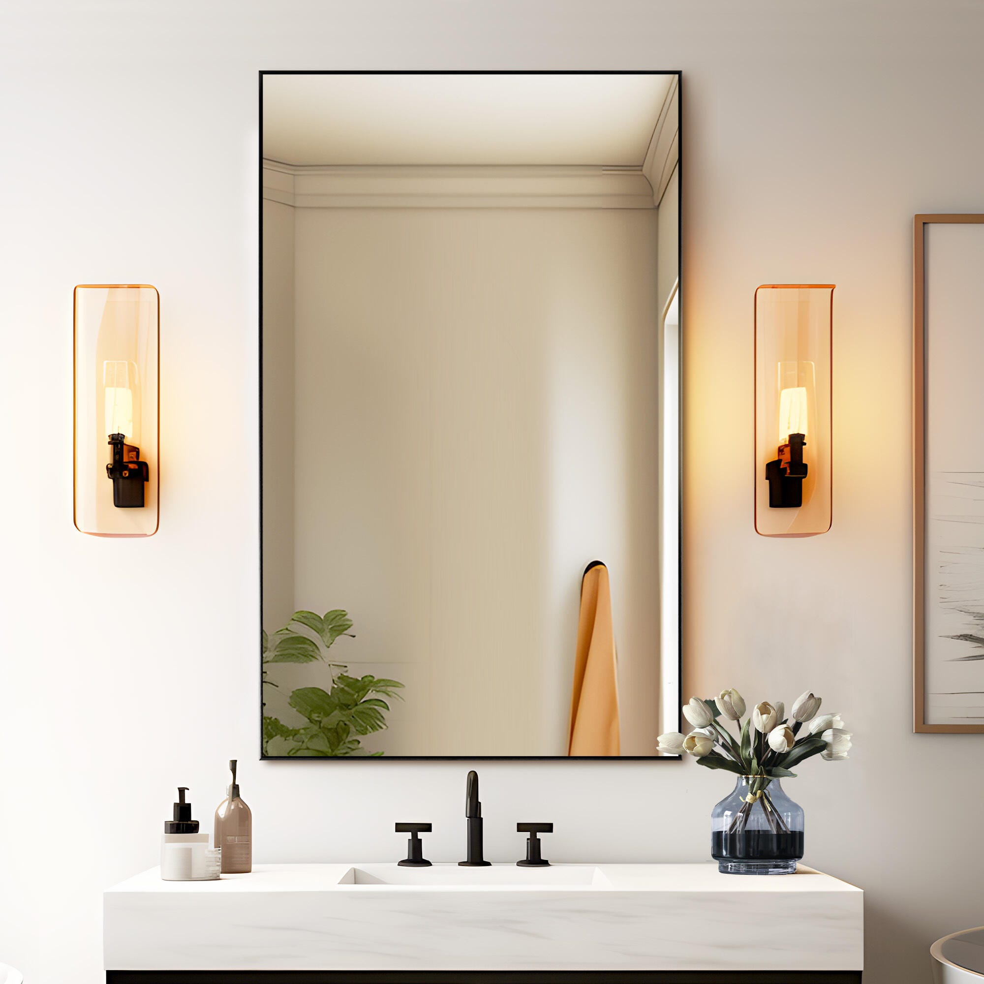 LuminareView Rectangular Framed Bathroom Wall Mirror, Black, large