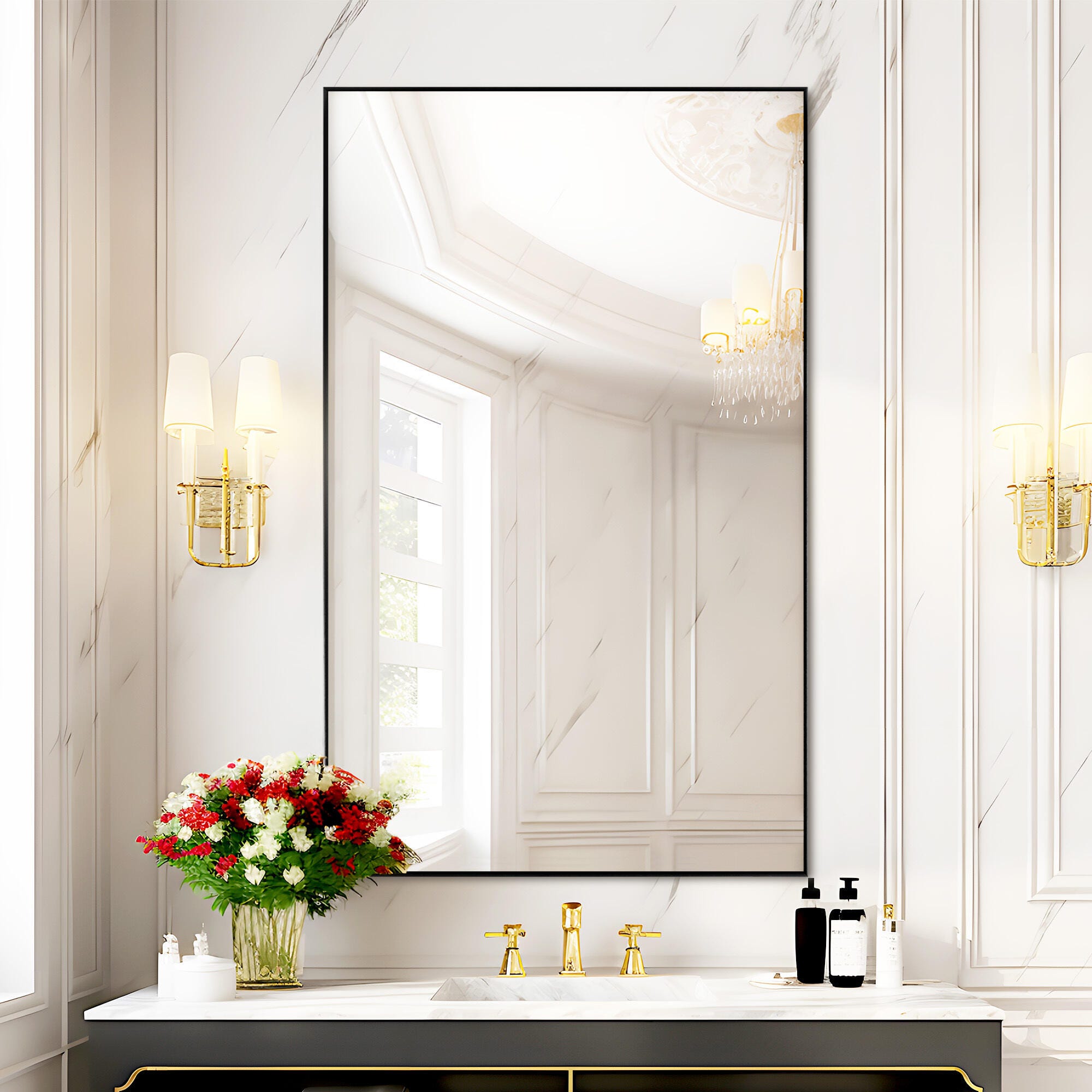 LuminareView Rectangular Framed Bathroom Wall Mirror, Black, large