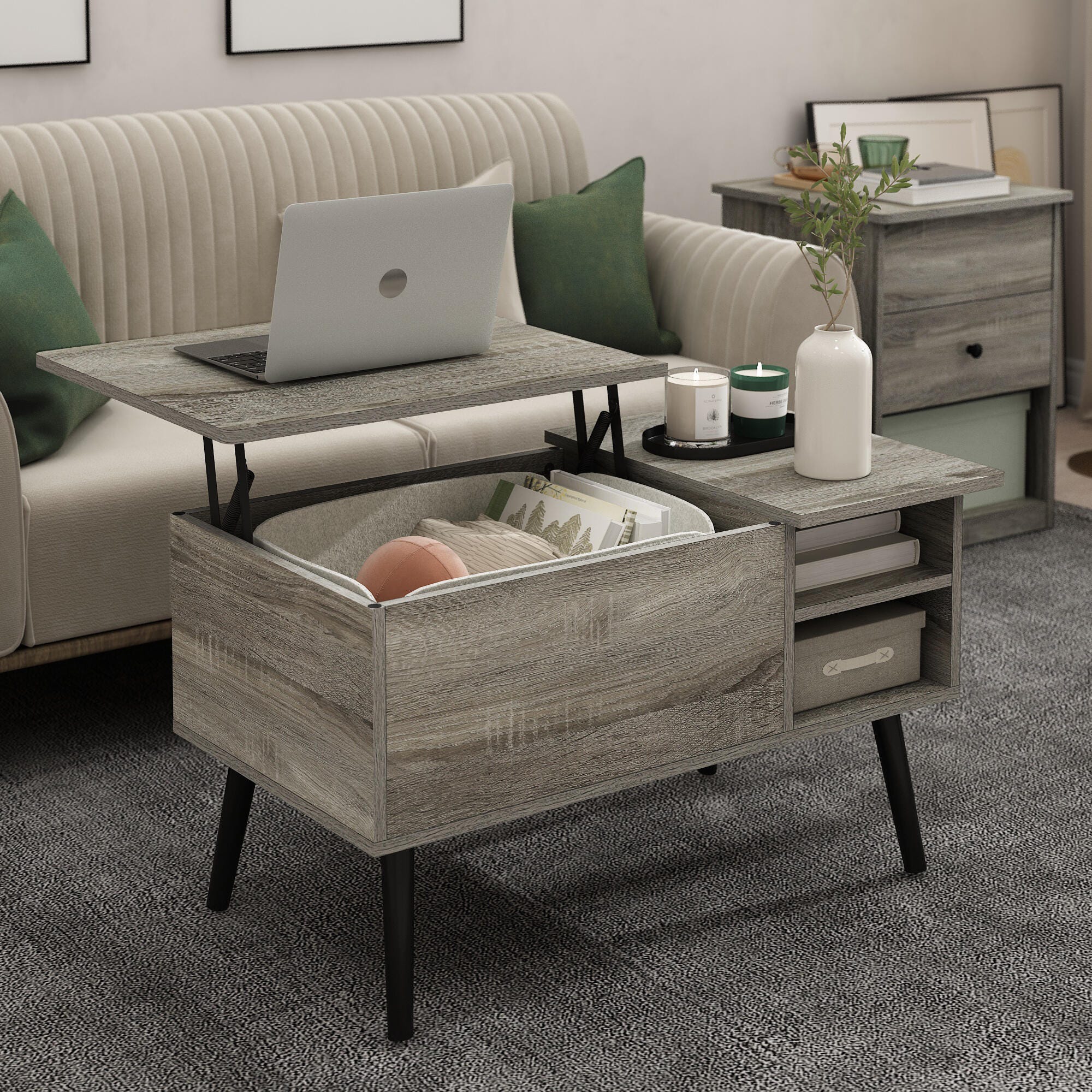 Furinno Jensen Lift Top Coffee Table With Legs, French Oak Gray, rollover