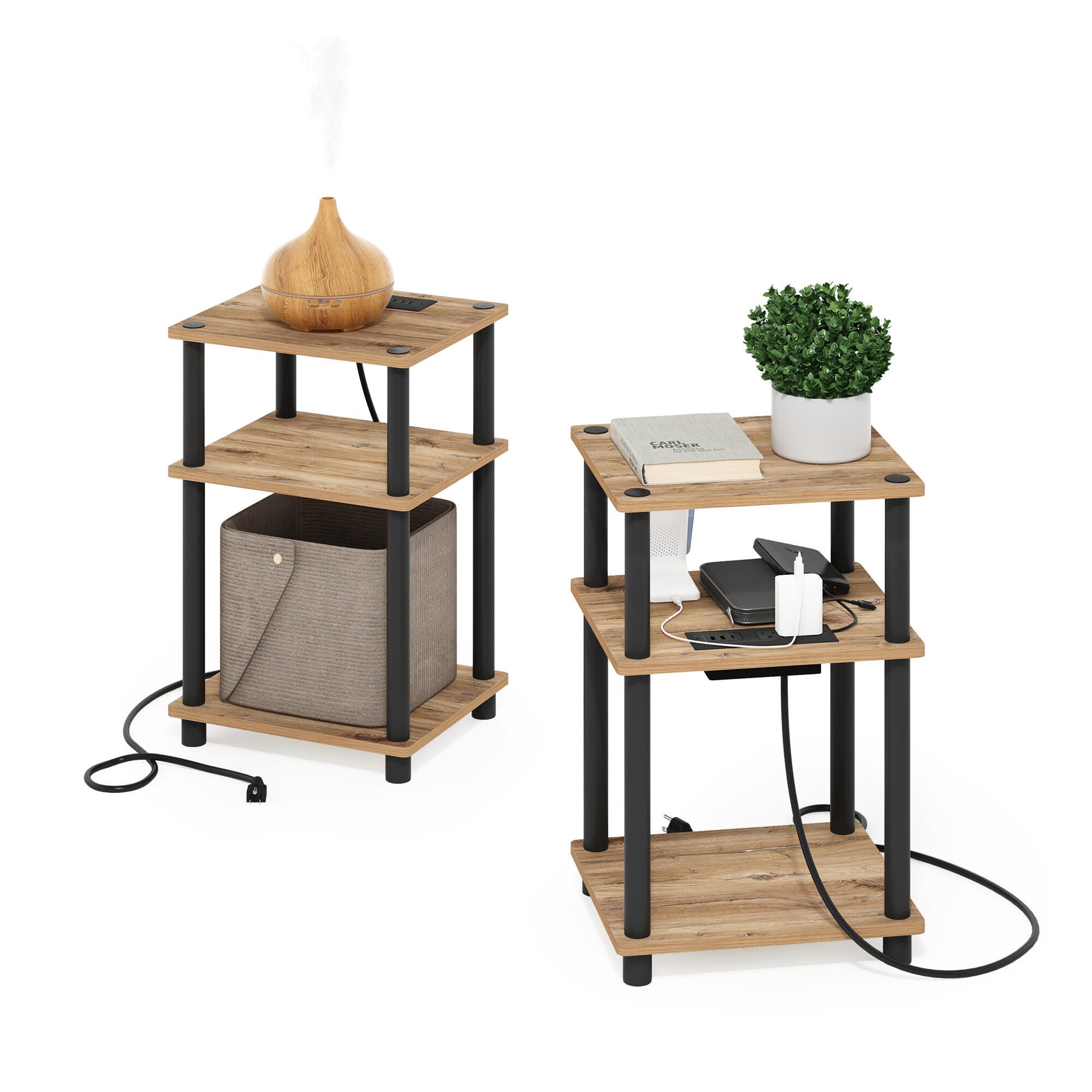 Furinno Just 3-Tier Turn-N-Tube with USB Port End Table (Set of 2