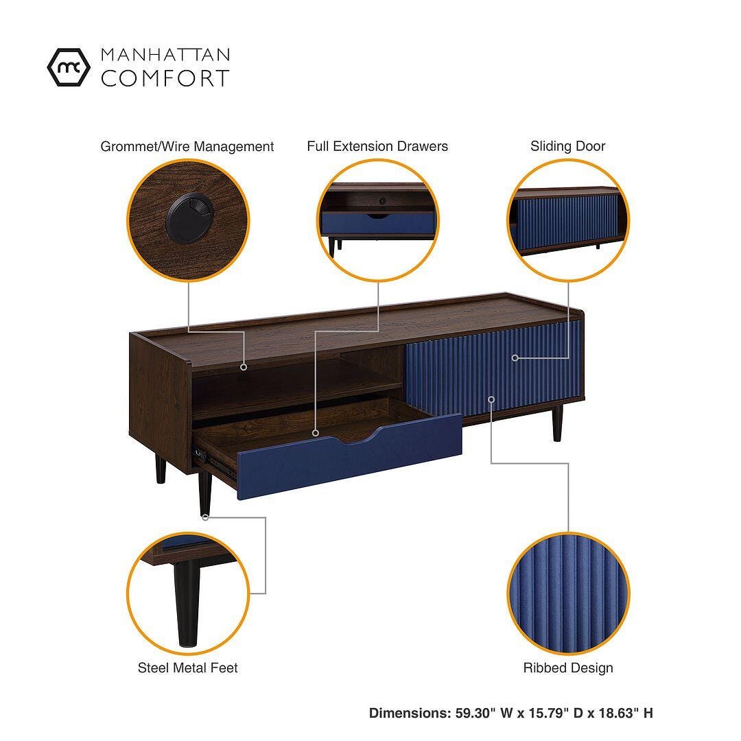 Manhattan Comfort Duane 59" TV Stand, Dark Brown/Navy Blue, large