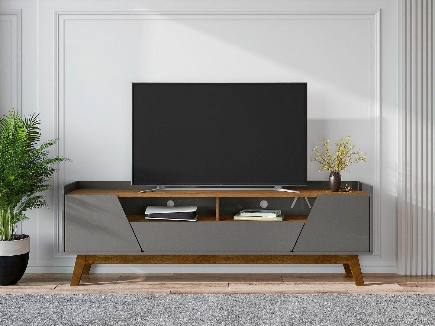 Manhattan Comfort Marcus 71" TV Stand, Gray/Natural, large