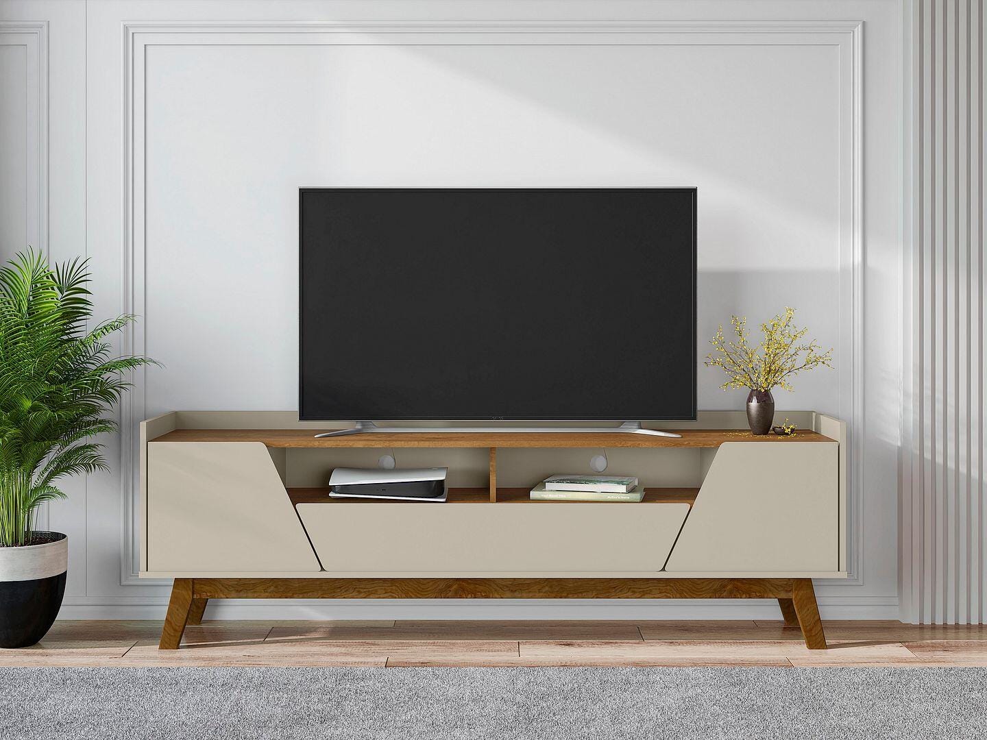 Manhattan Comfort Marcus 71" TV Stand, Greige/Natural, large