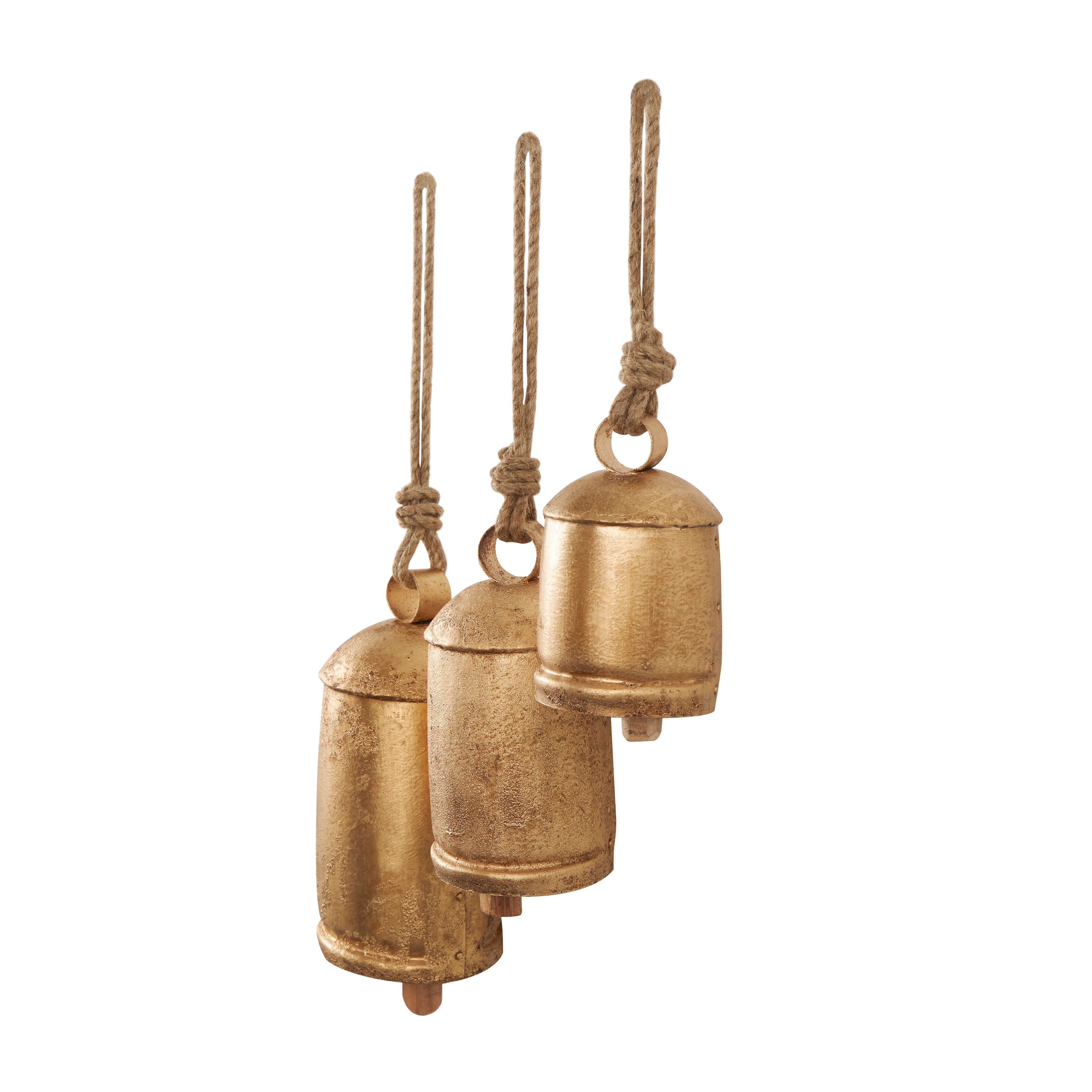 Bayberry Lane Cow Bells with Hanging Rope Set of 3, Gold, large