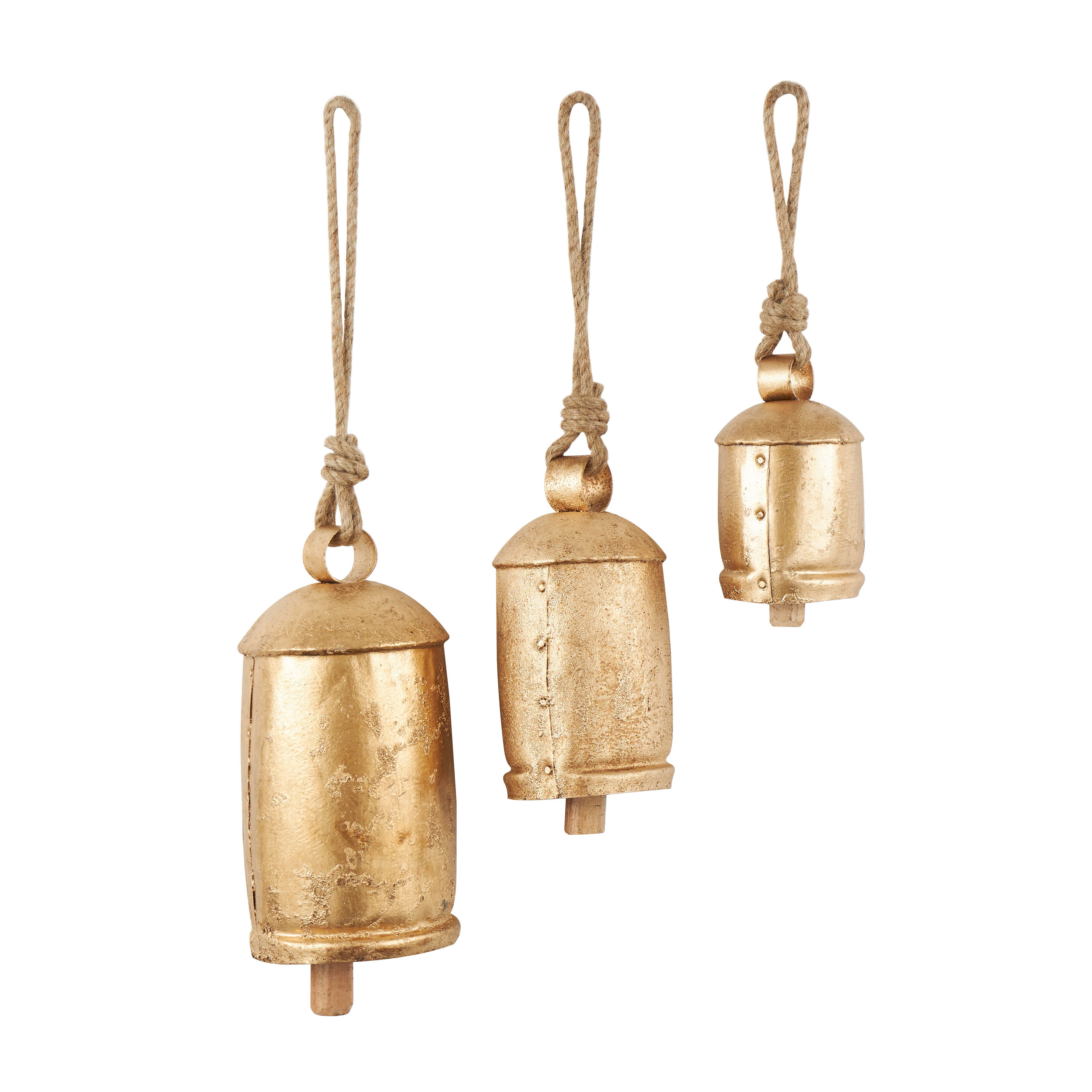 Bayberry Lane Cow Bells with Hanging Rope Set of 3, Gold, large