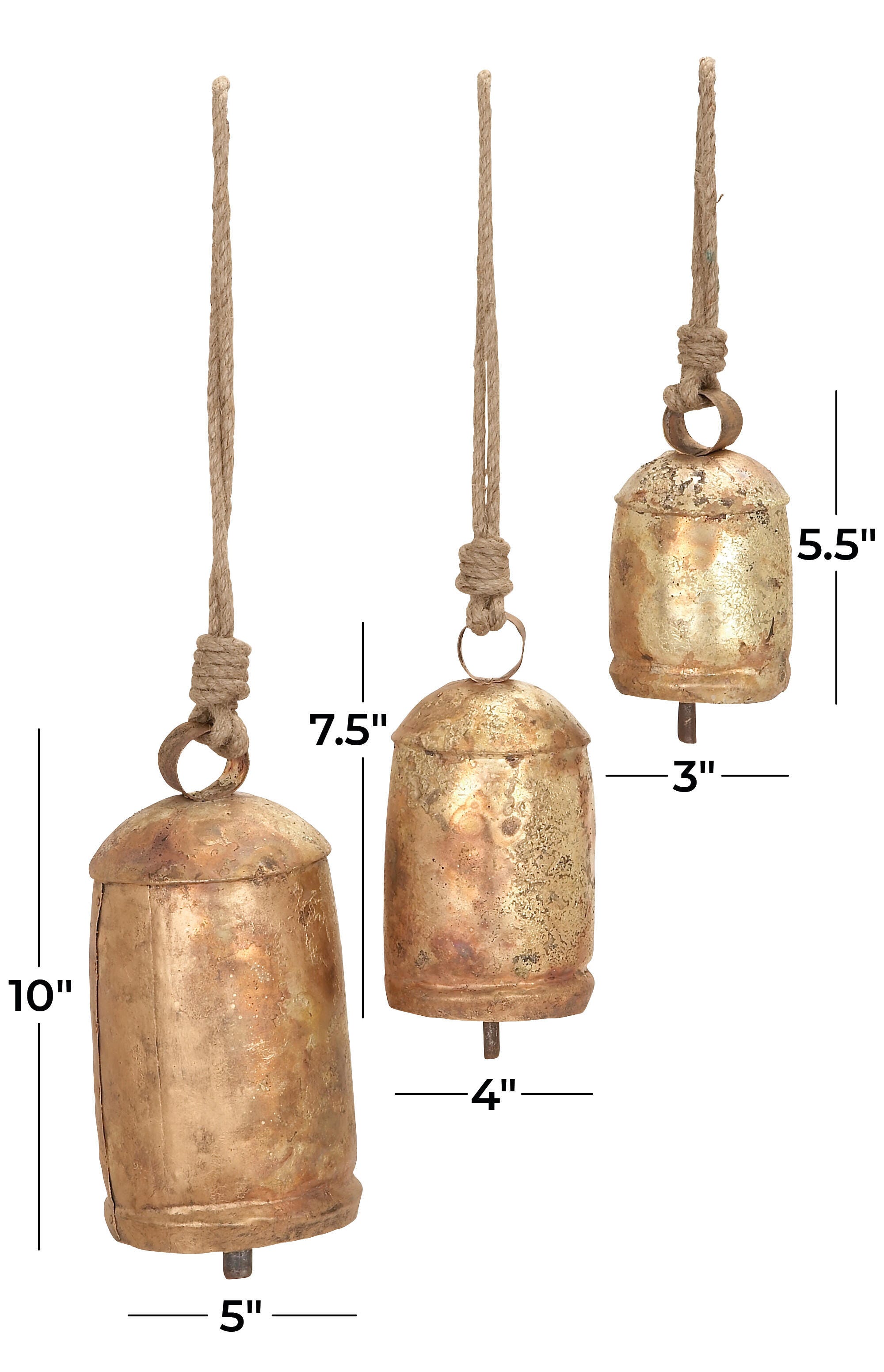Bayberry Lane Cow Bells with Hanging Rope Set of 3, Gold, large