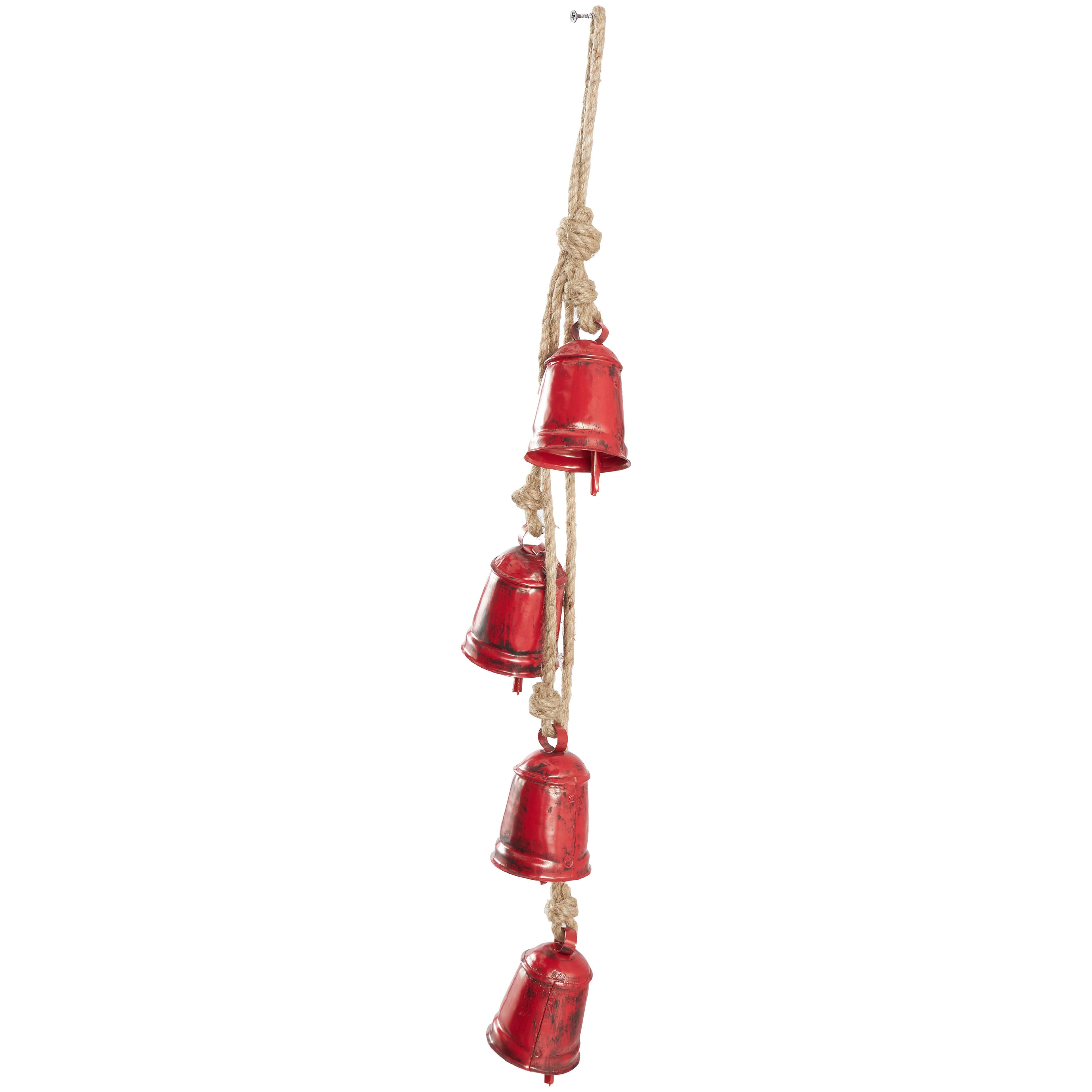 Bayberry Lane Tibetan 4  Cow Bells on Hanging Rope, Red, large