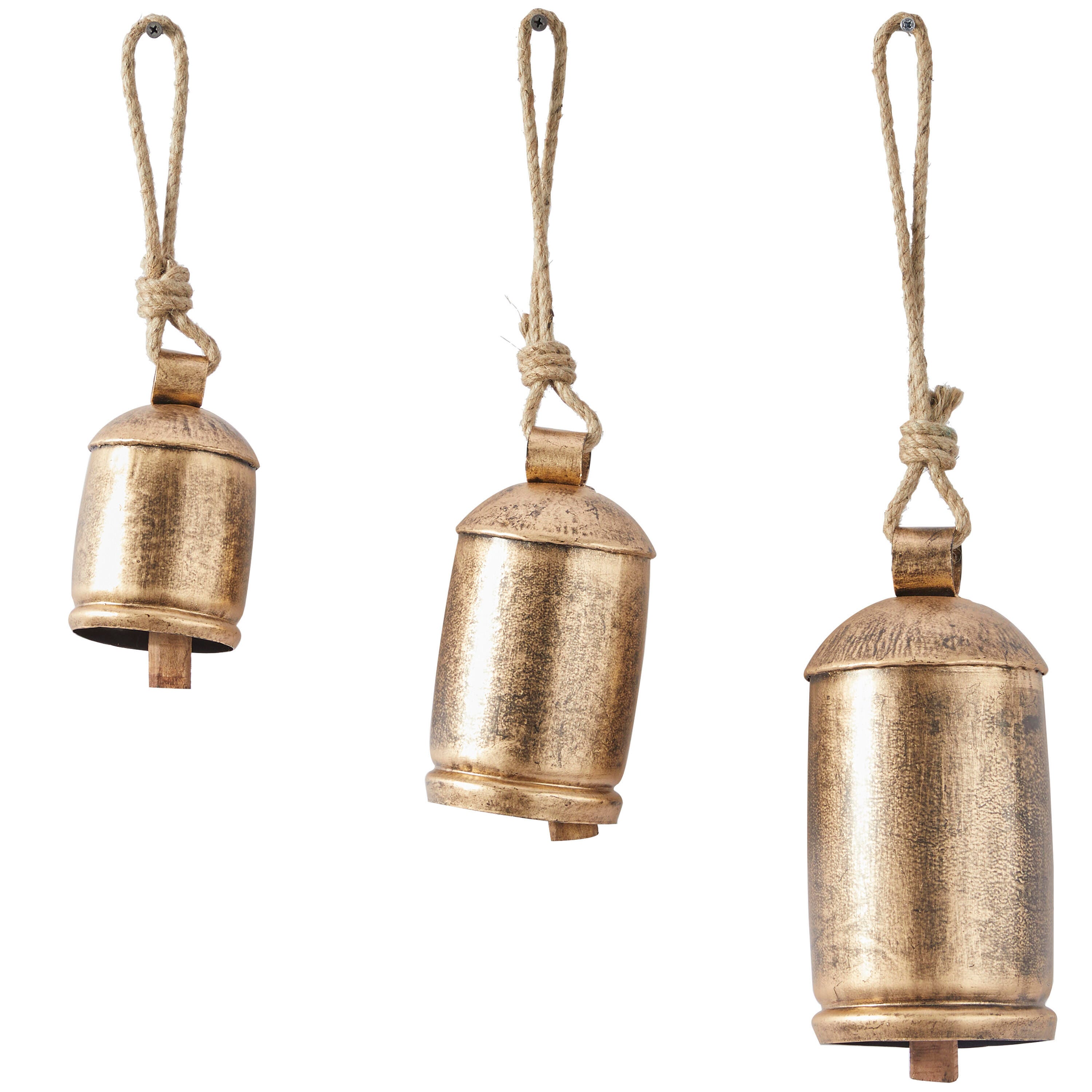 Bayberry Lane Cow Bells with Hanging Rope Set of 3, Metallic, large