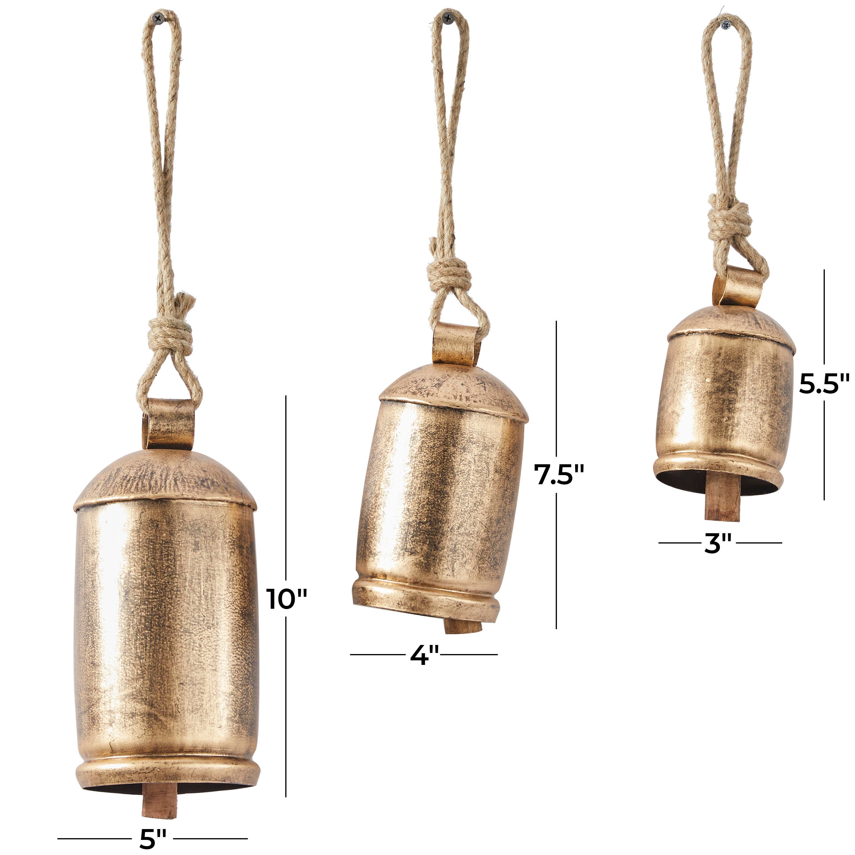Bayberry Lane Cow Bells with Hanging Rope Set of 3, Metallic, large