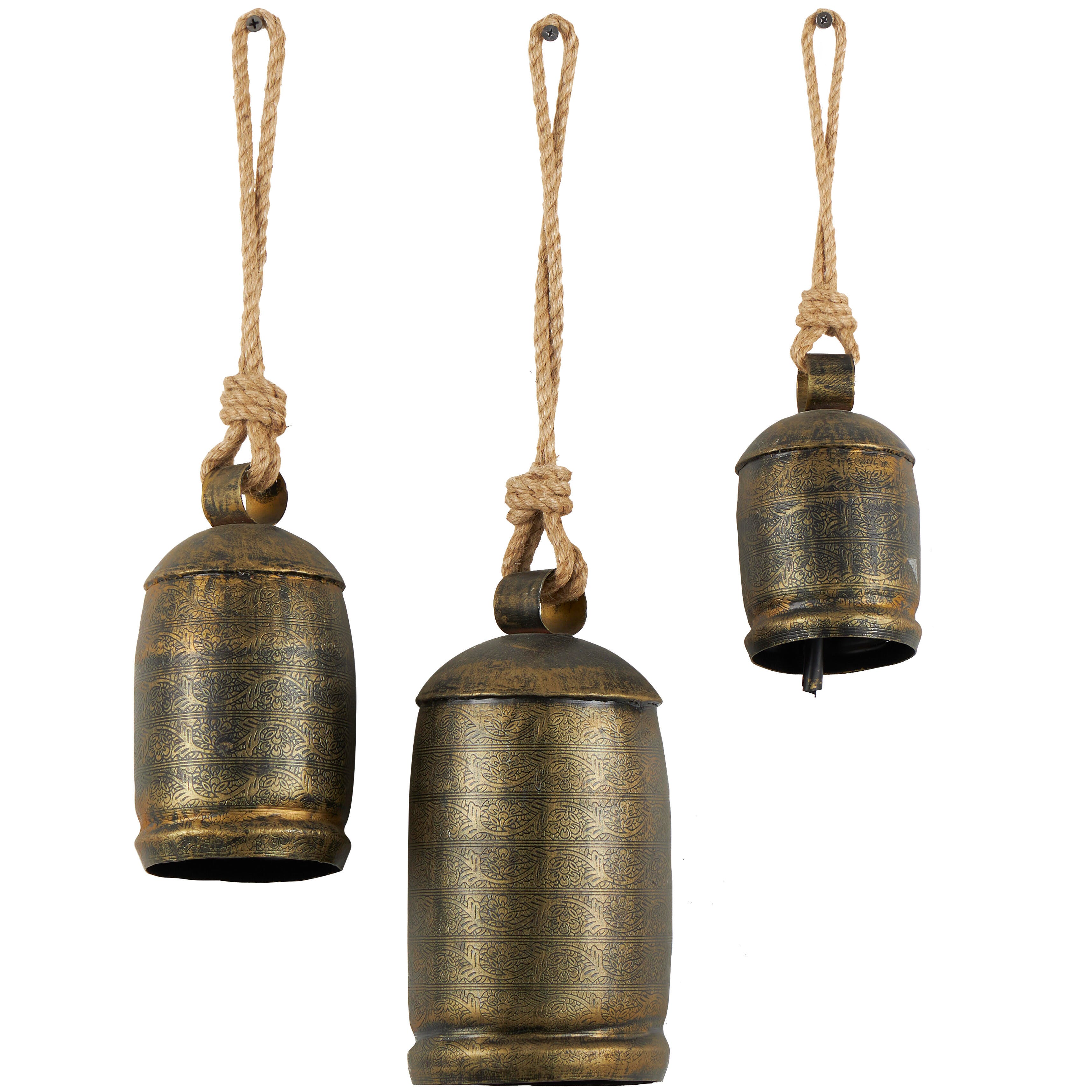 Bayberry Lane Cow Bells with Hanging Rope Set of 3, Bronze, large