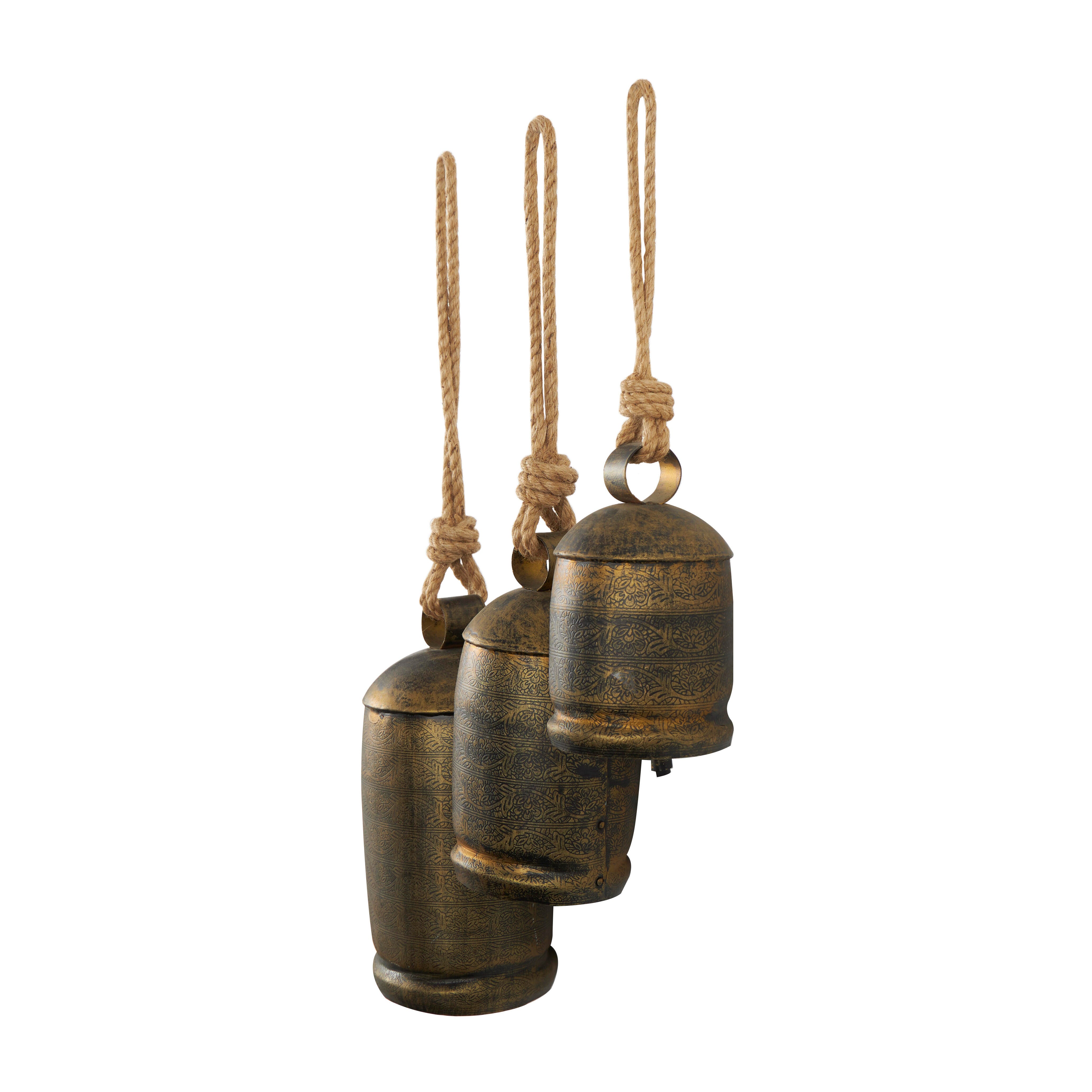 Bayberry Lane Cow Bells with Hanging Rope Set of 3, Bronze, large