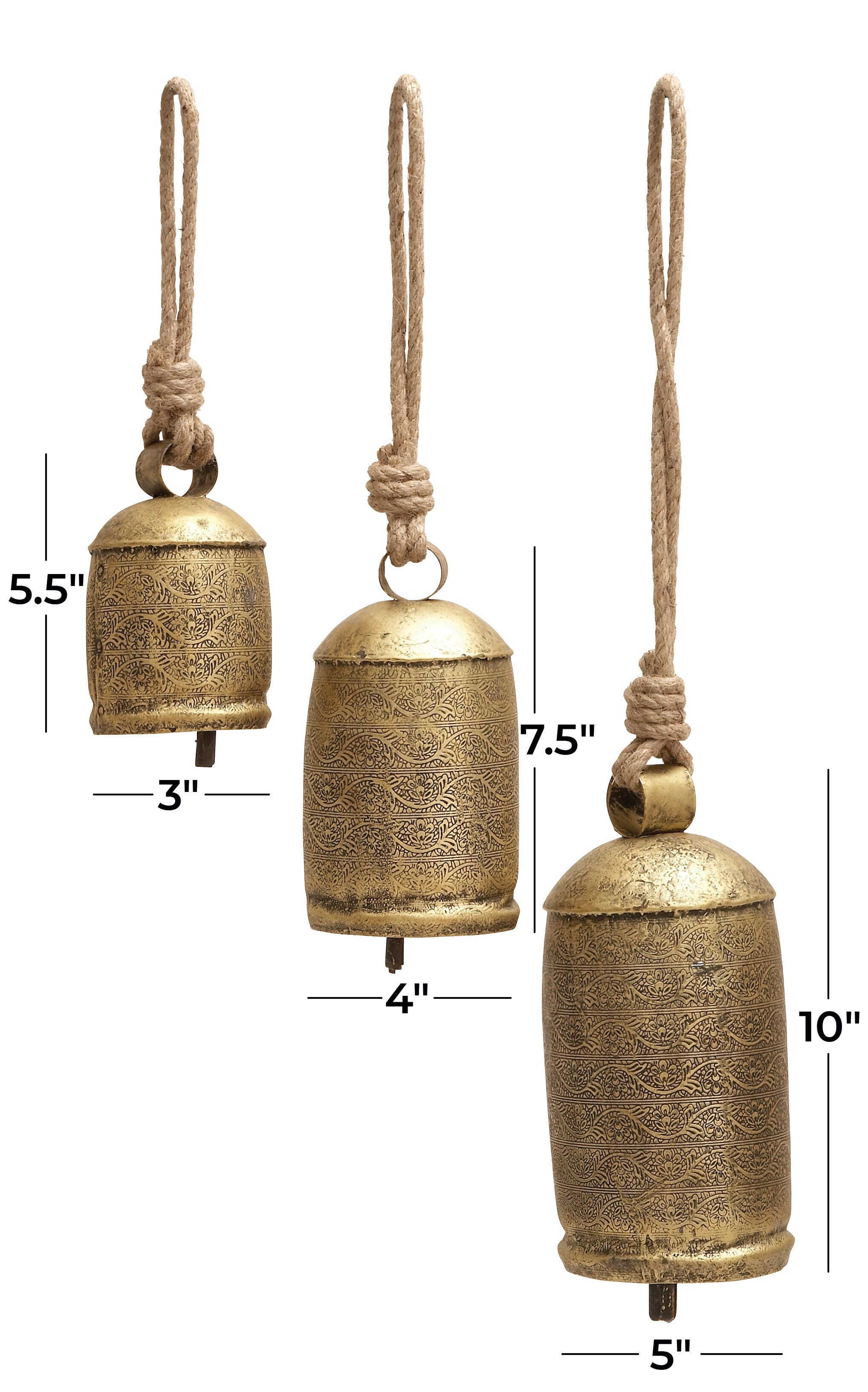 Bayberry Lane Cow Bells with Hanging Rope Set of 3, Bronze, large