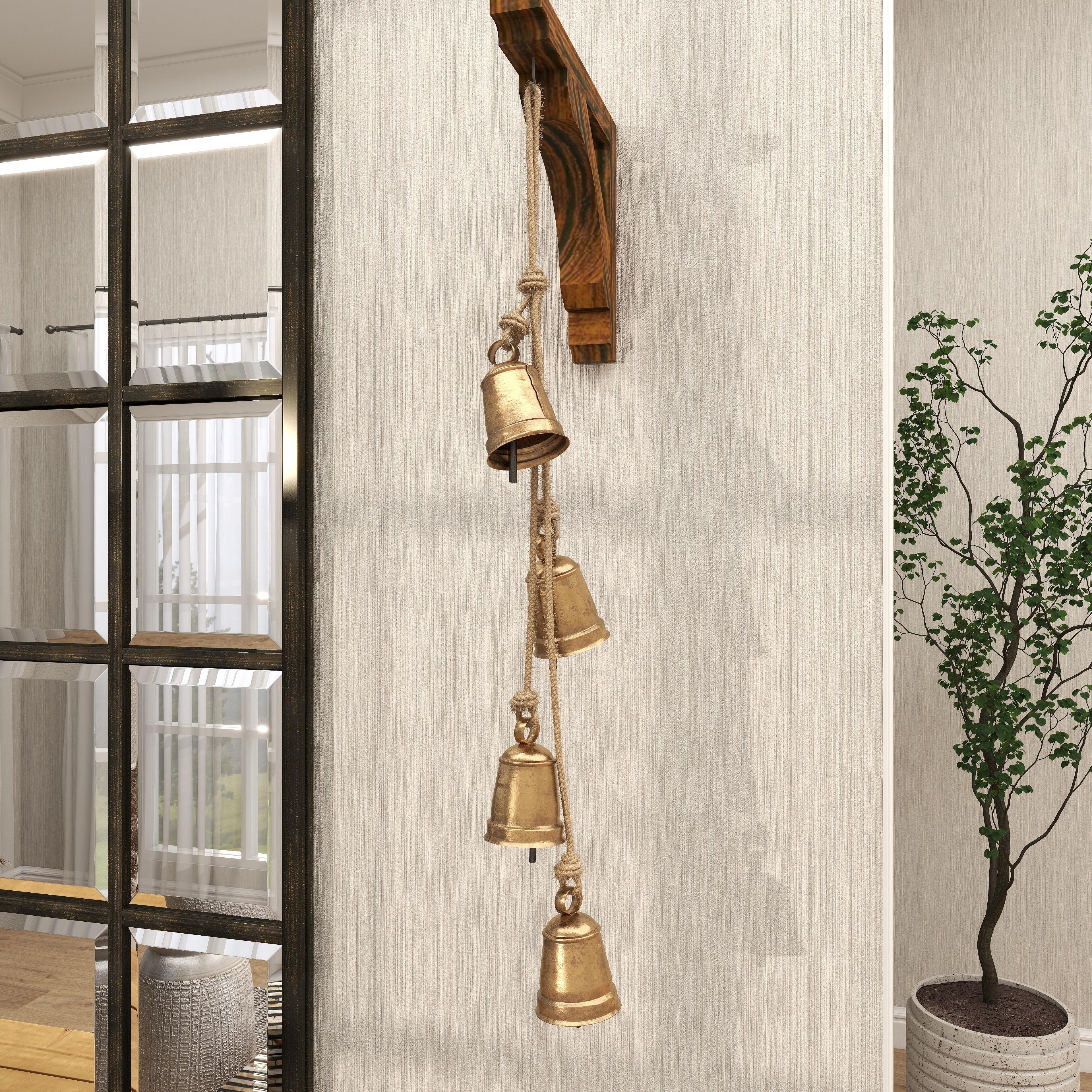 Bayberry Lane Tibetan 4 Cow Bells on Hanging Rope, Gold, large