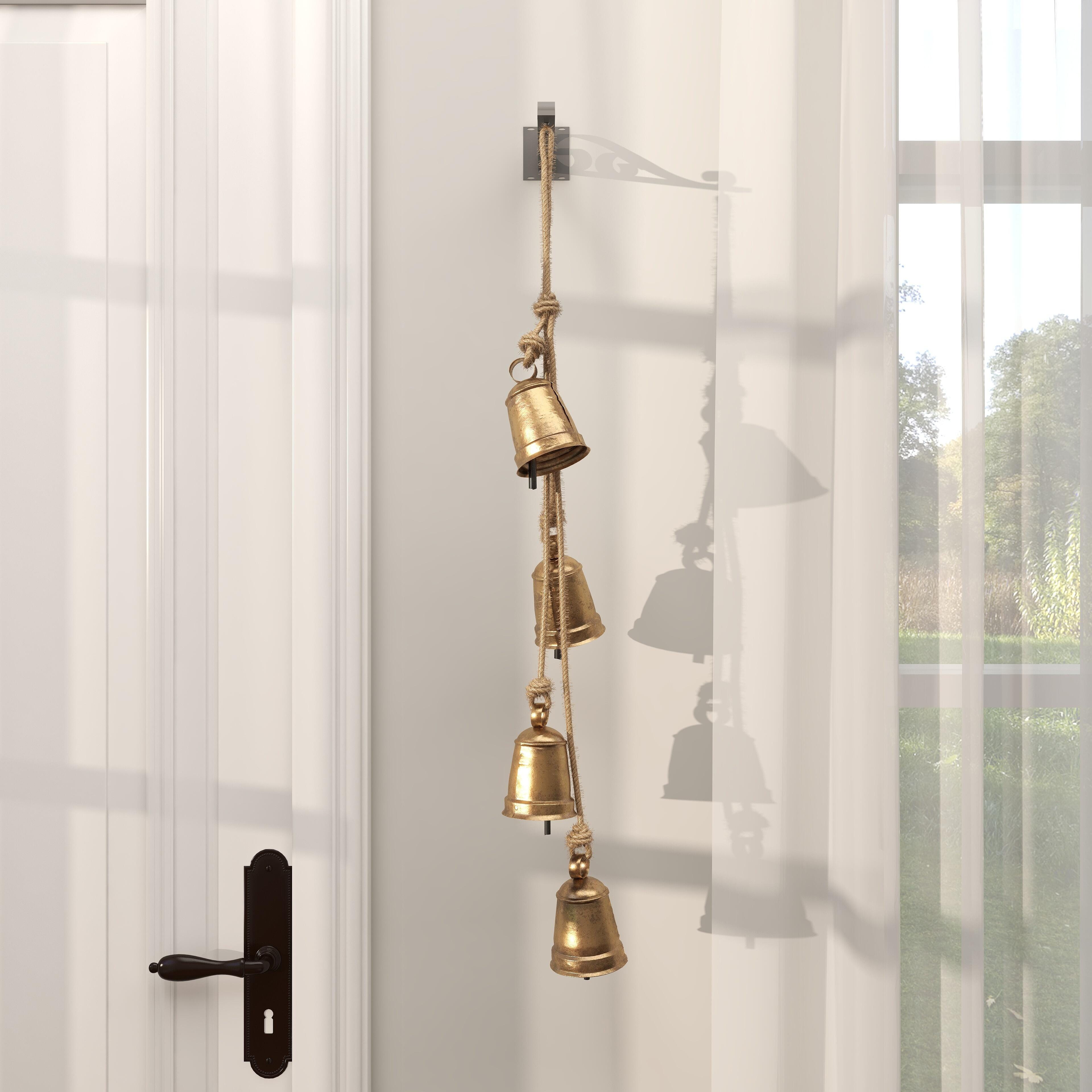 Bayberry Lane Tibetan 4 Cow Bells on Hanging Rope, Gold, large