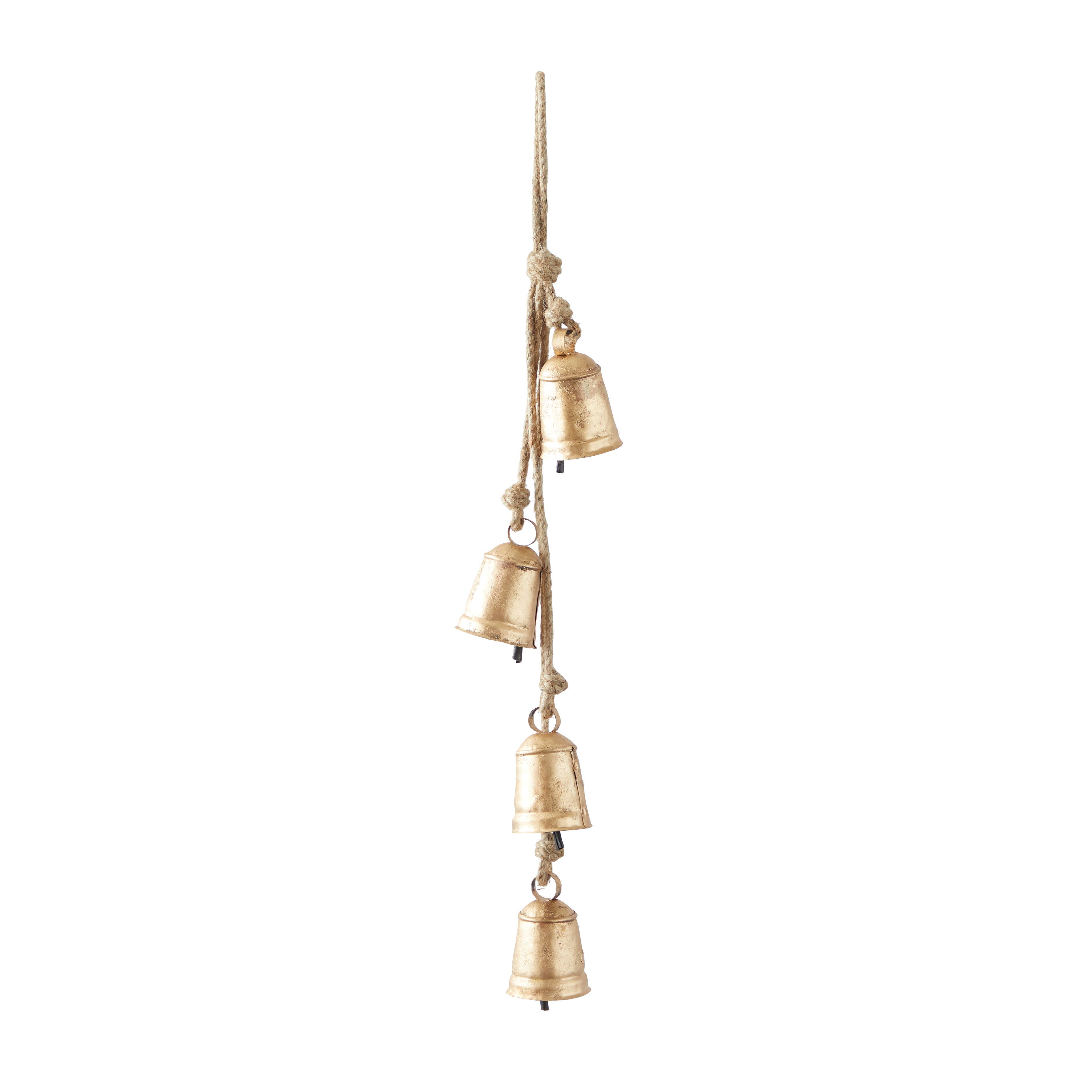 Bayberry Lane Tibetan 4 Cow Bells on Hanging Rope, Gold, large