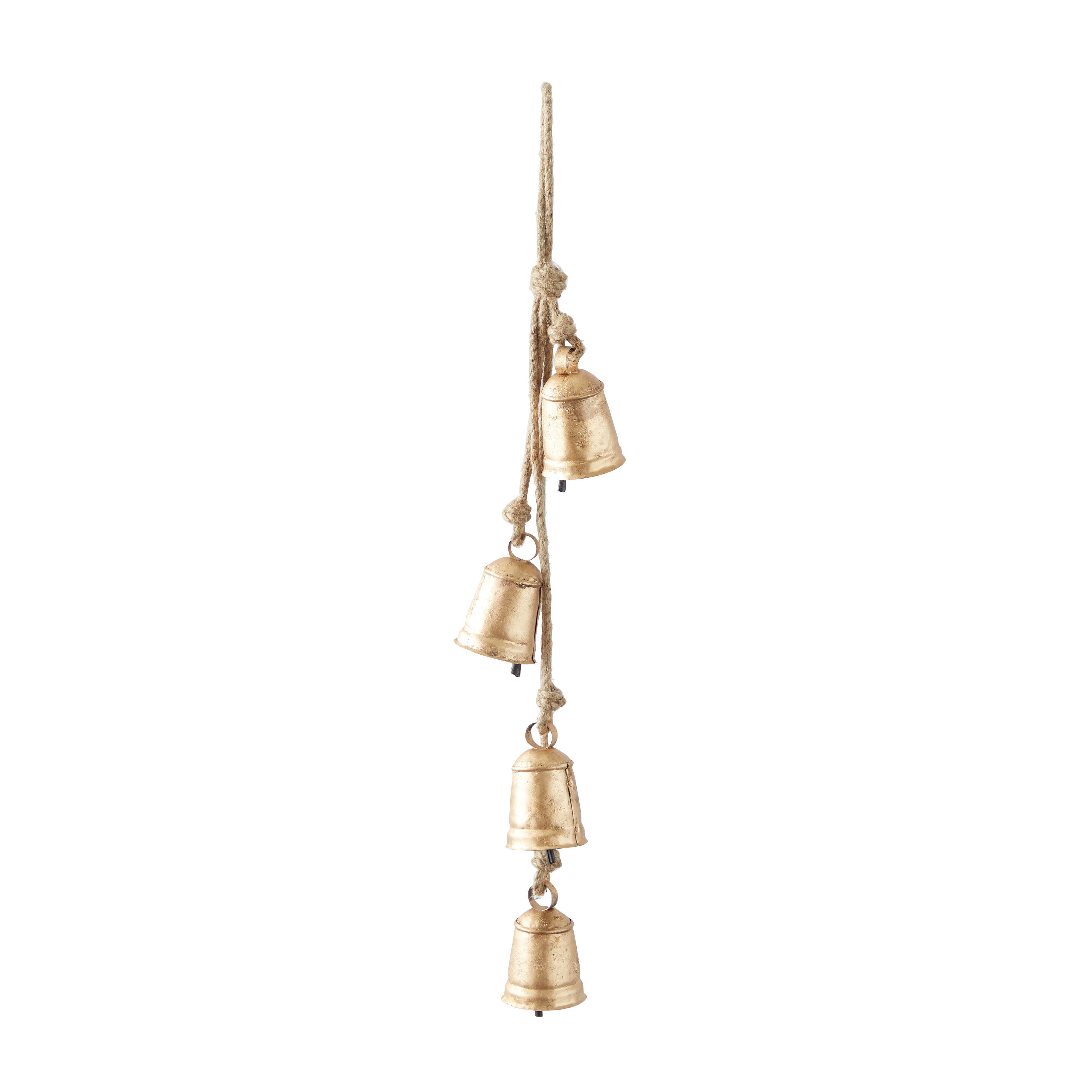 Bayberry Lane Tibetan 4 Cow Bells on Hanging Rope, Gold, large