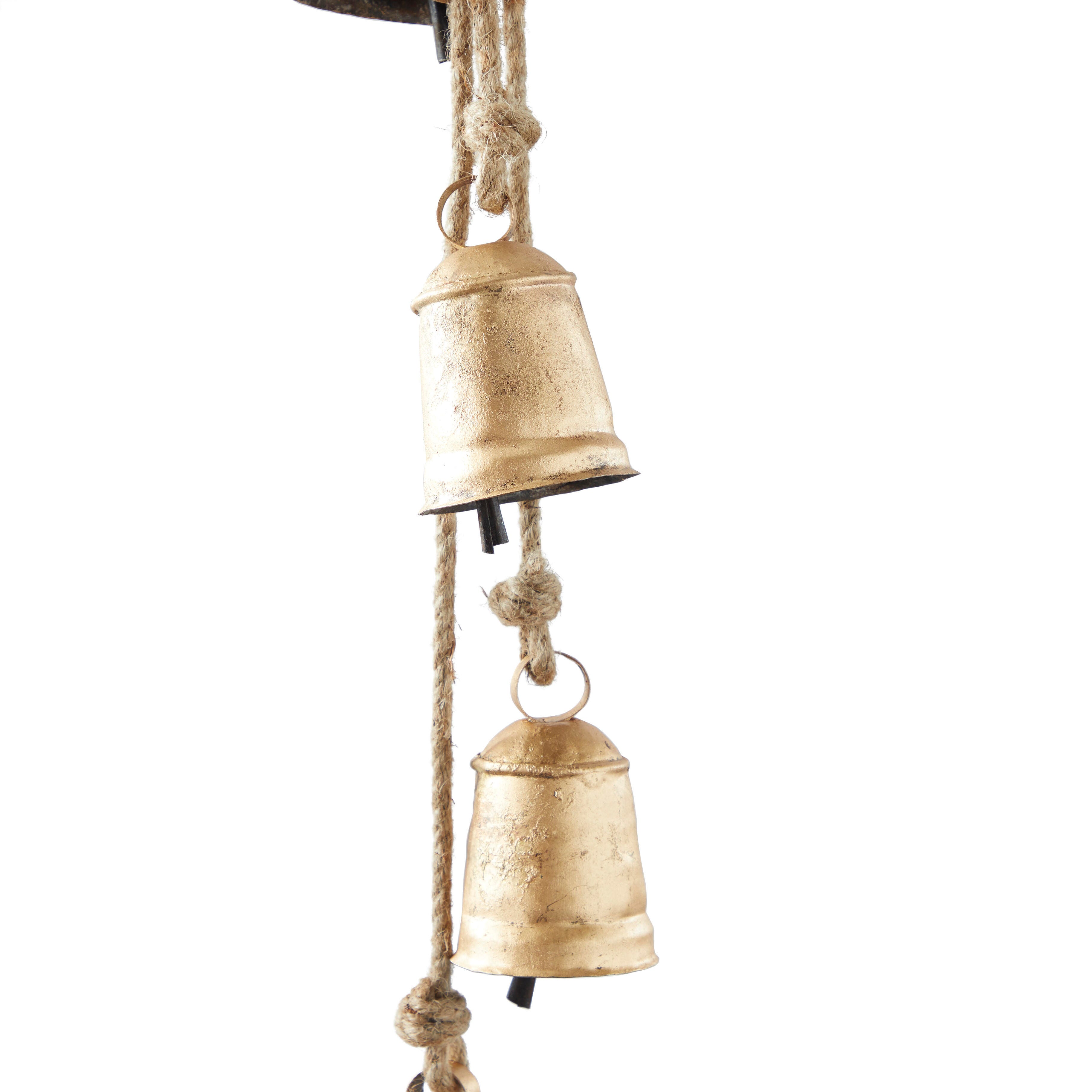 Bayberry Lane Tibetan 4 Cow Bells on Hanging Rope, Gold, large