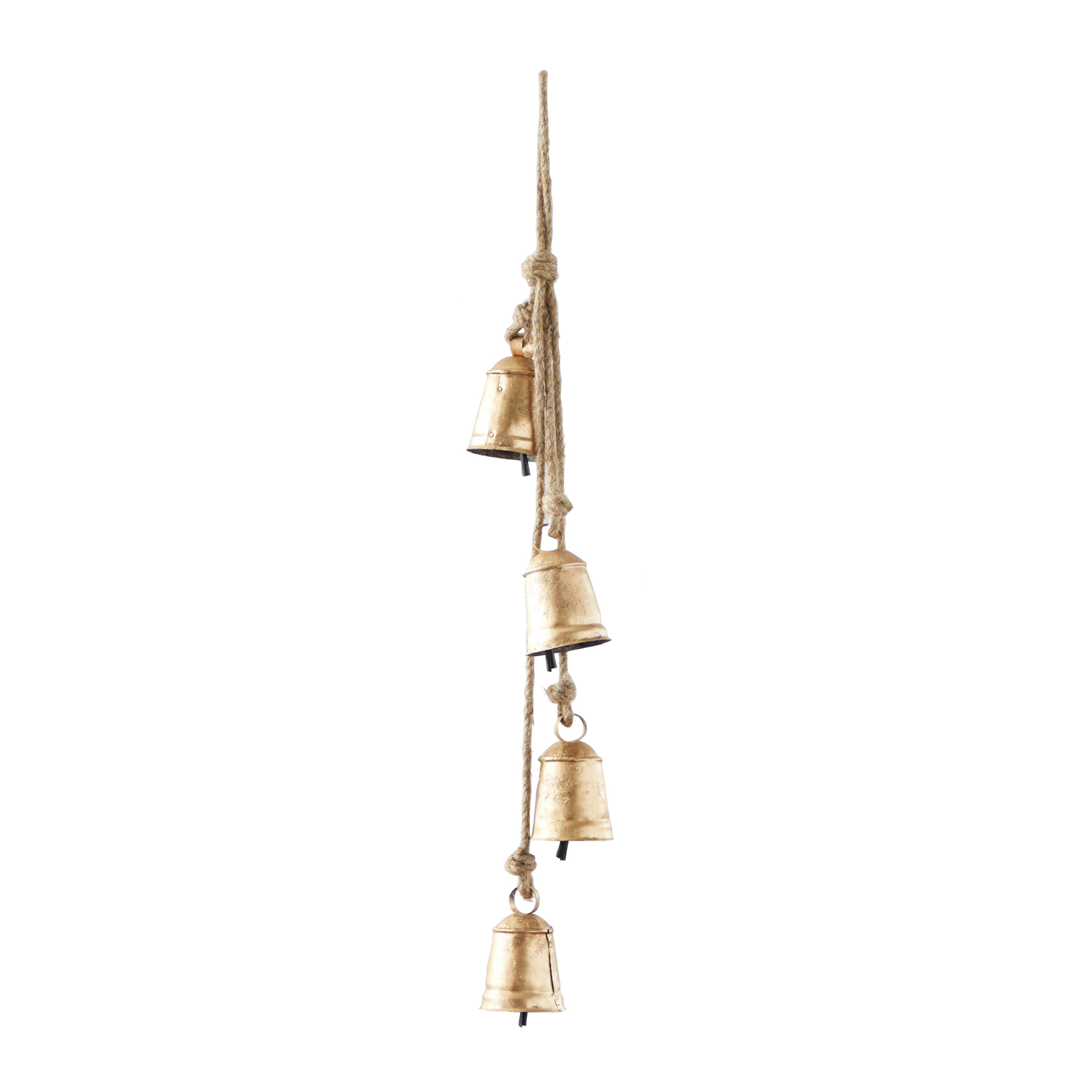 Bayberry Lane Tibetan 4 Cow Bells on Hanging Rope, Gold, large