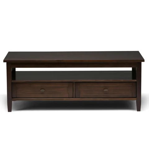 tobacco brown coffee table Hawthorne Collection Table, Antique Finish, 44"W x 22"D x 20.25"H, Pine and Painted MDF, Bottom Shelf for Storage, Versatile Design, Durable Living Room for Display and Everyday contrasting solid legs with more slender central bracing Safco MRCFTSTO Mirella 48" x