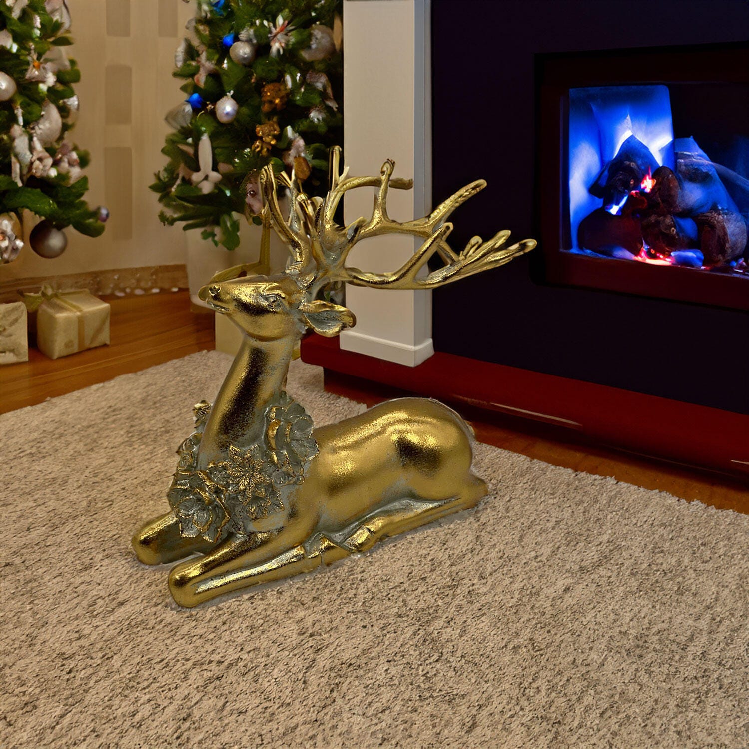 Galt International Reindeer Pointsetta Statue, , rollover