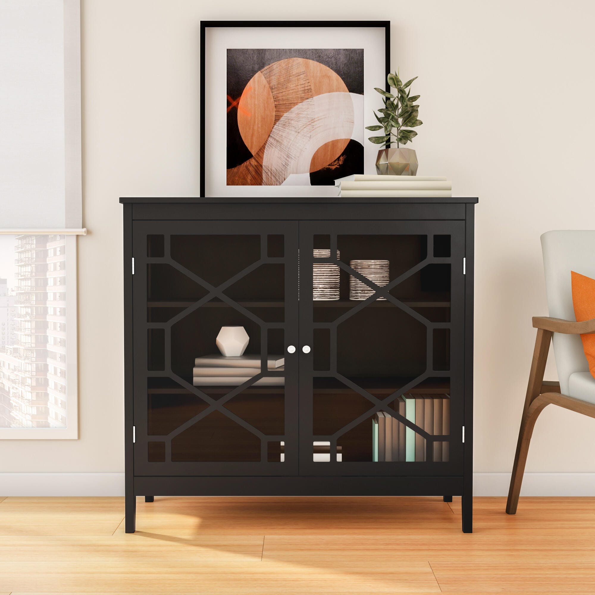 Linon Kedrick Large Cabinet, Black, large
