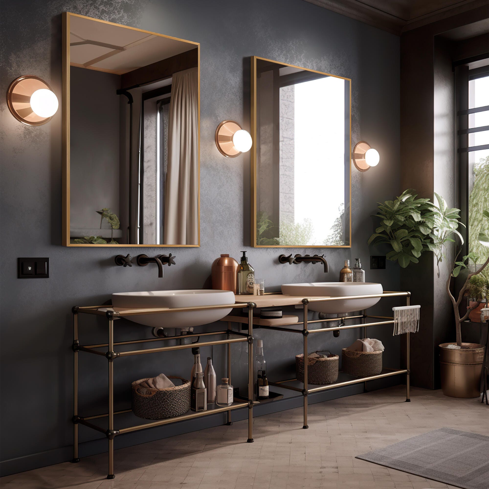 Feronia Rectangular Bathroom Wall Mirrors Set of 2, Gold, large