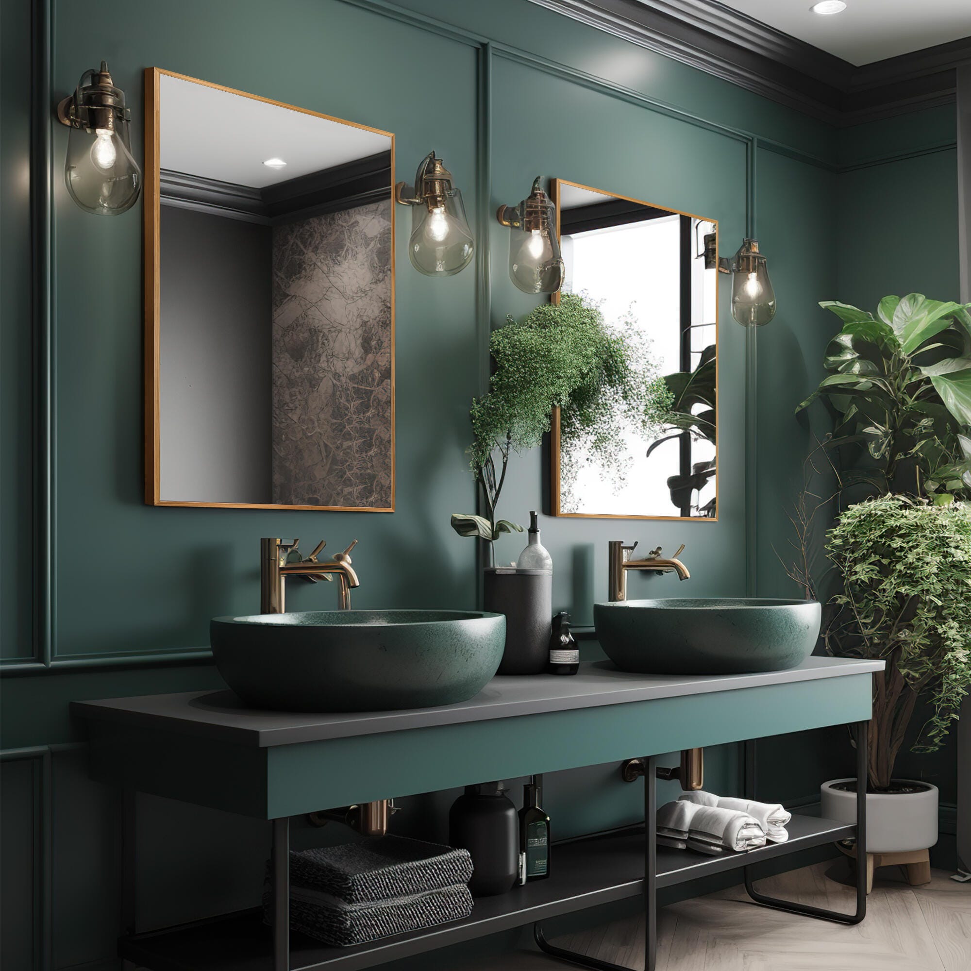 Feronia Rectangular Bathroom Wall Mirrors Set of 2, Gold, large