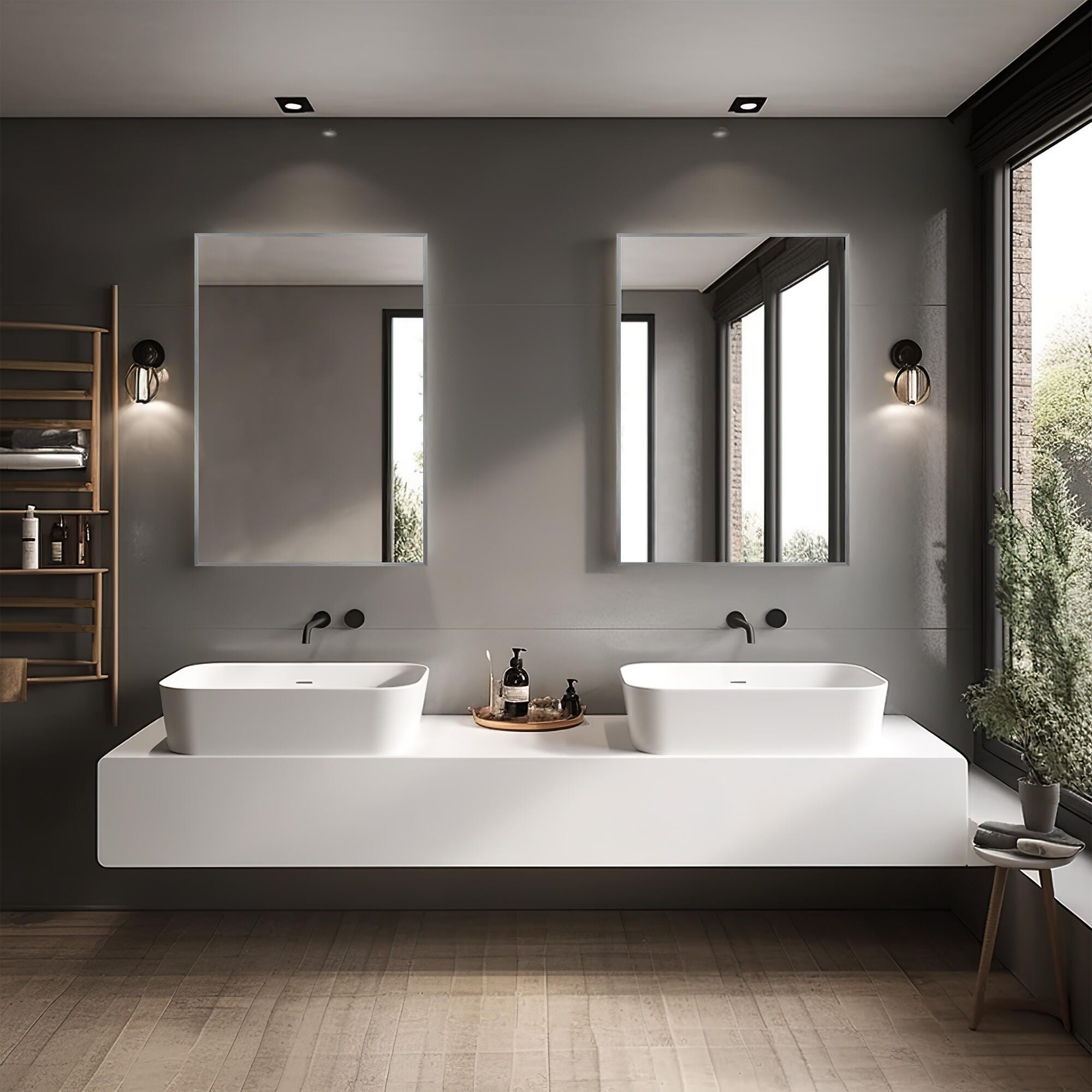 Feronia Rectangular Bathroom Wall Mirrors Set of 2, Silver, large