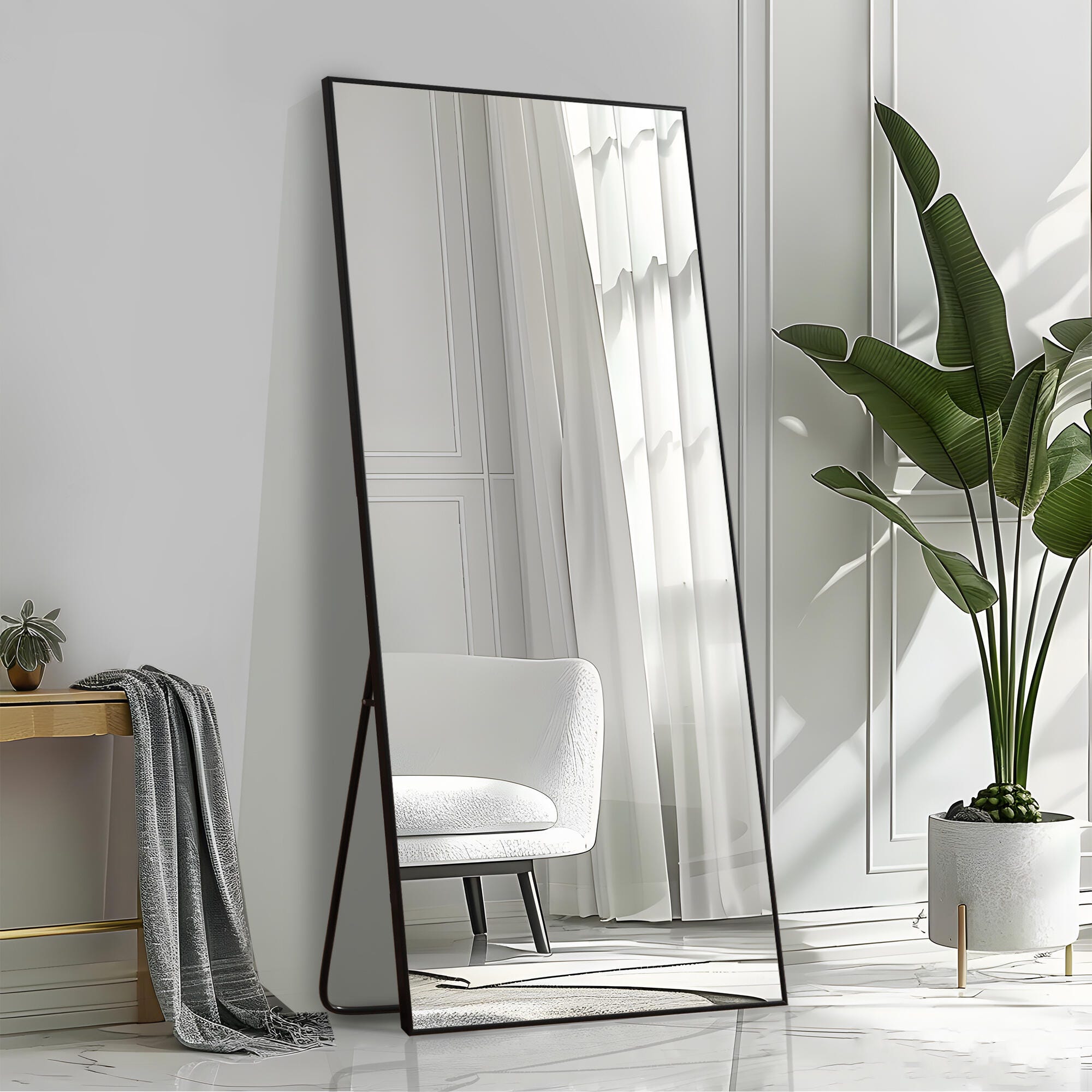 Feronia 79" Rectangular Standing Floor Mirror, Black, large