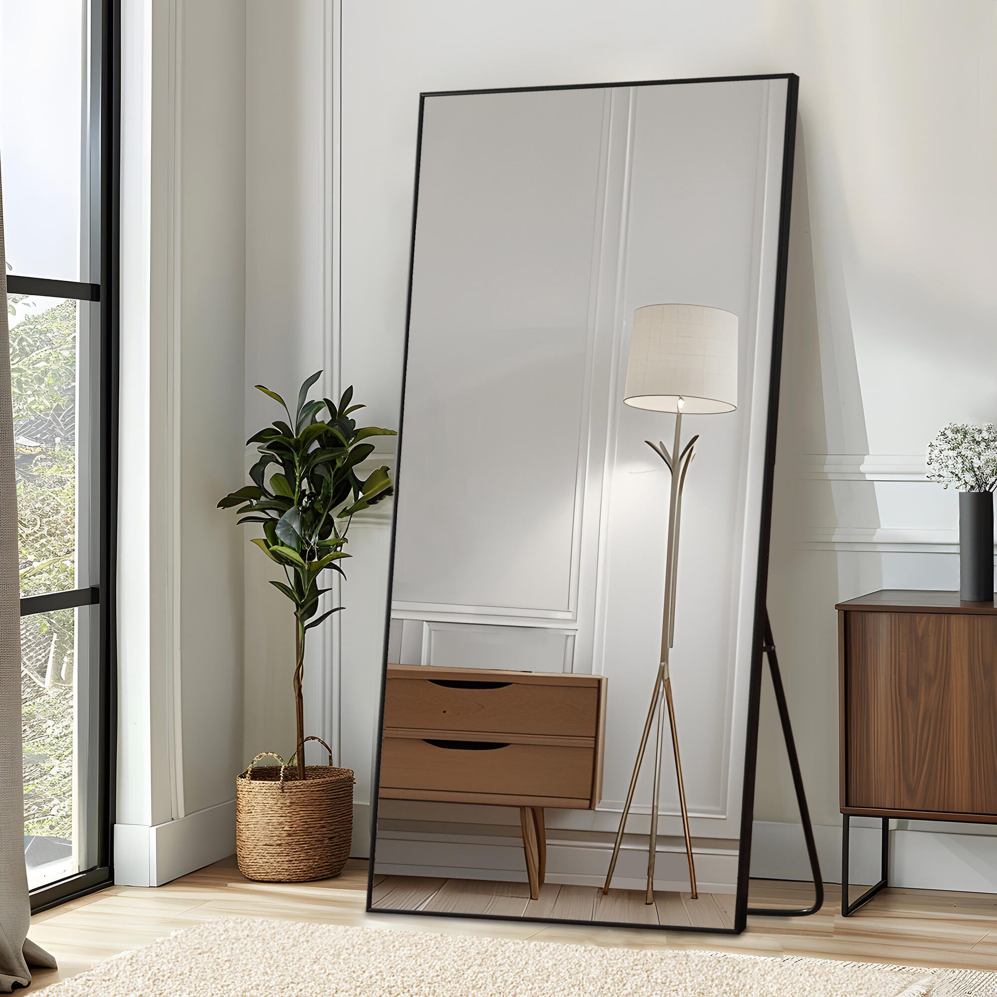 Feronia 75" Rectangular Standing Mirror, Black, large