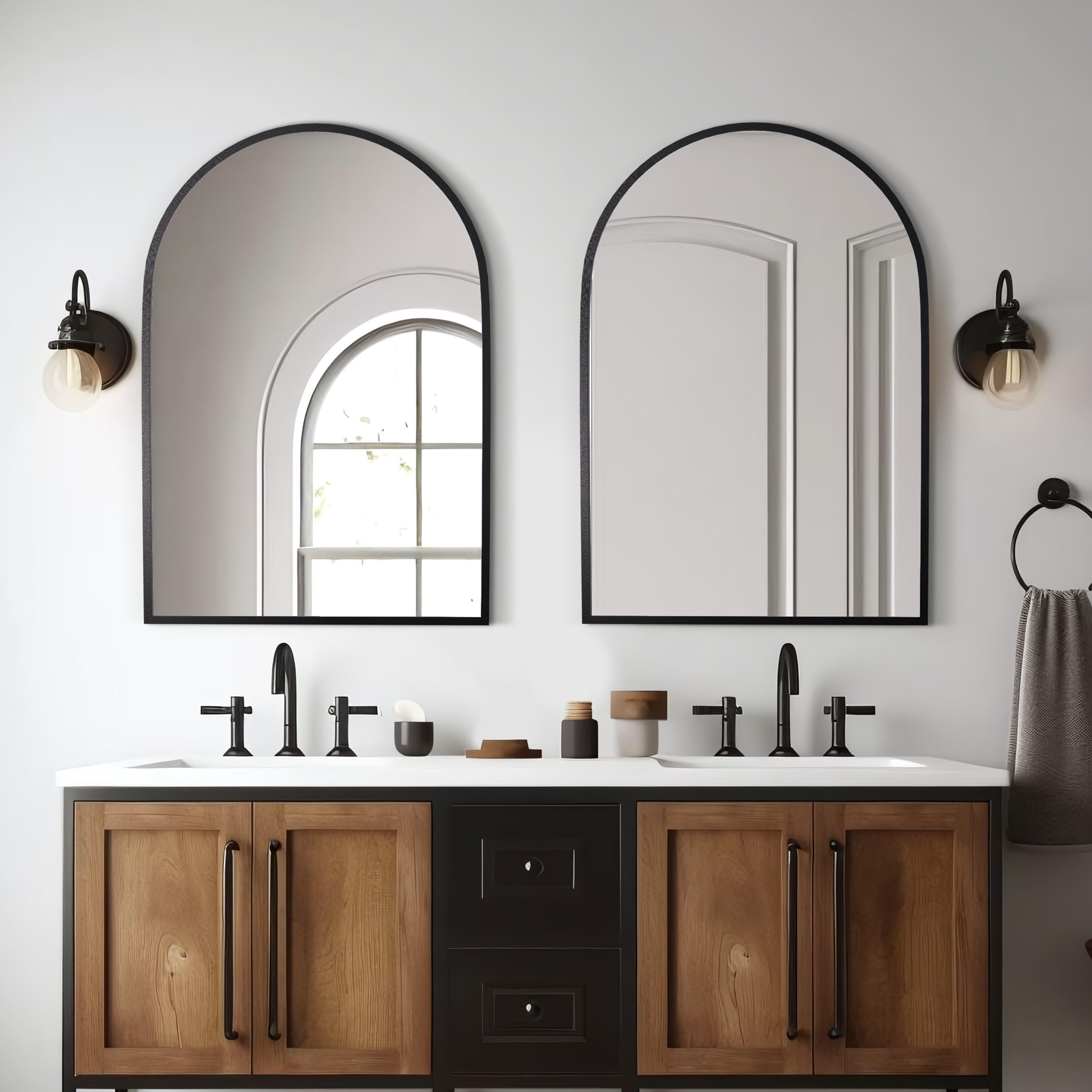 Feronia 38" Arched Bathroom Wall Mirror (Set of 2), Black, rollover