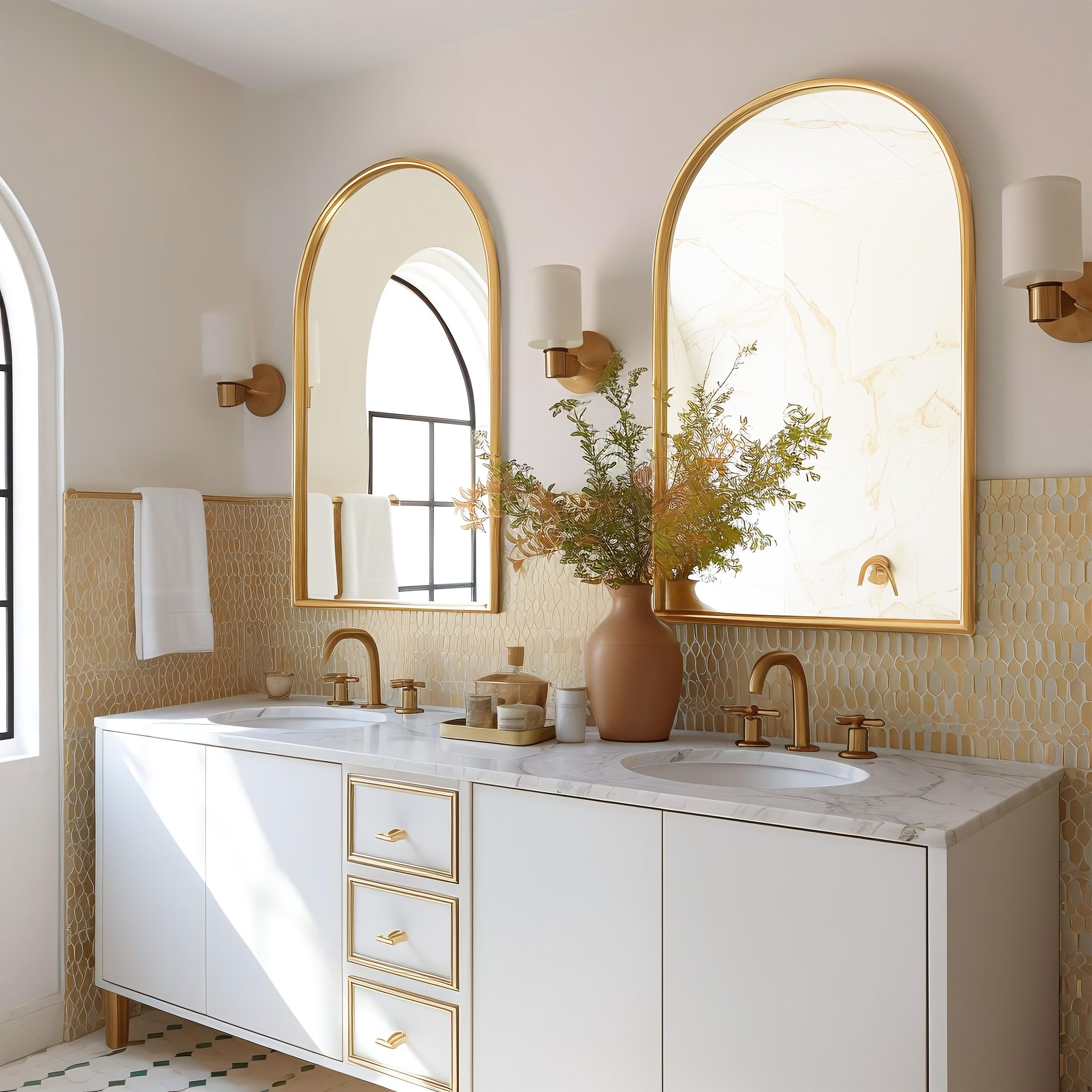 Feronia 32" Arched Bathroom Wall Mirror (Set of 2), Gold, rollover
