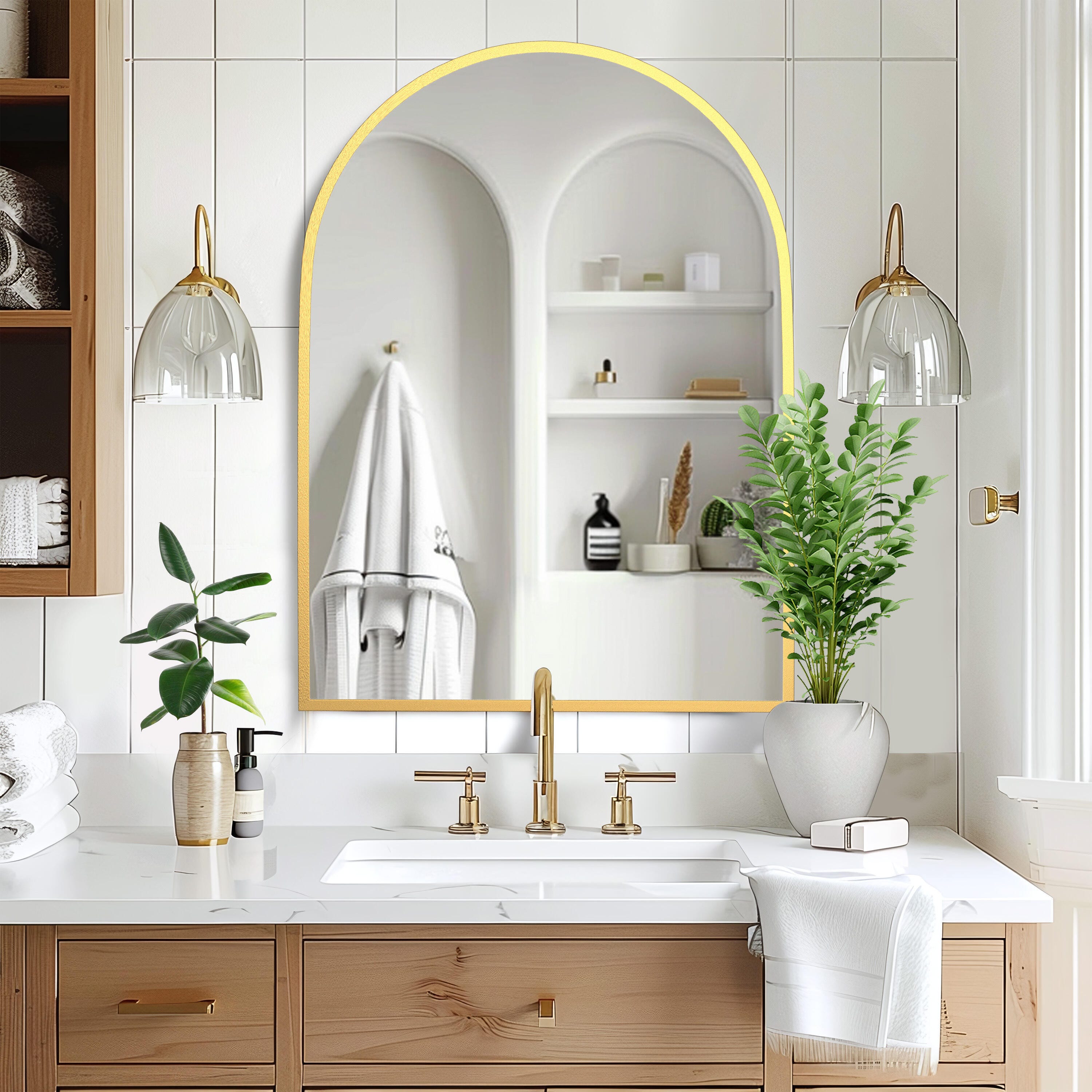 Feronia 32" Arched Bathroom Wall Mirror (Set of 2), Gold, large
