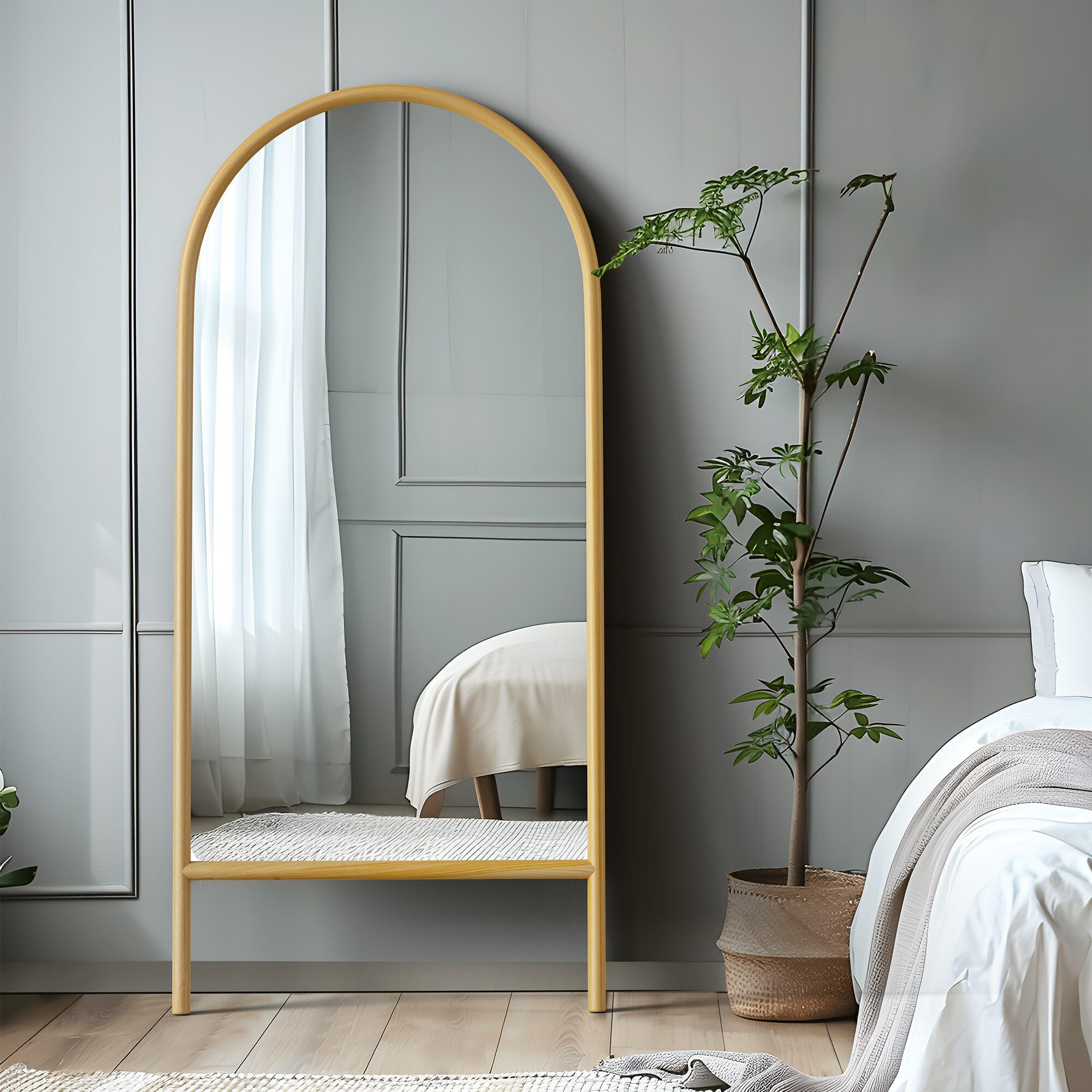 Dulcea 71" Ladder Arched Floor Mirror, Brown, large