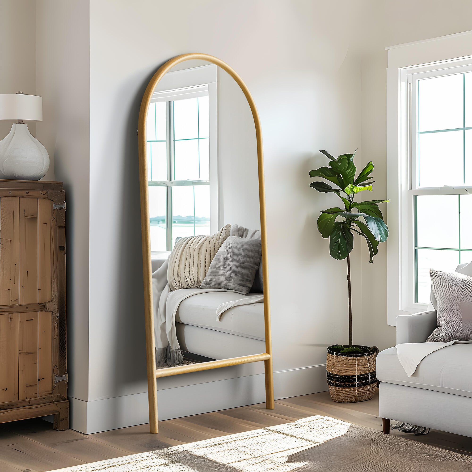 Dulcea 71" Ladder Arched Floor Mirror, Brown, large
