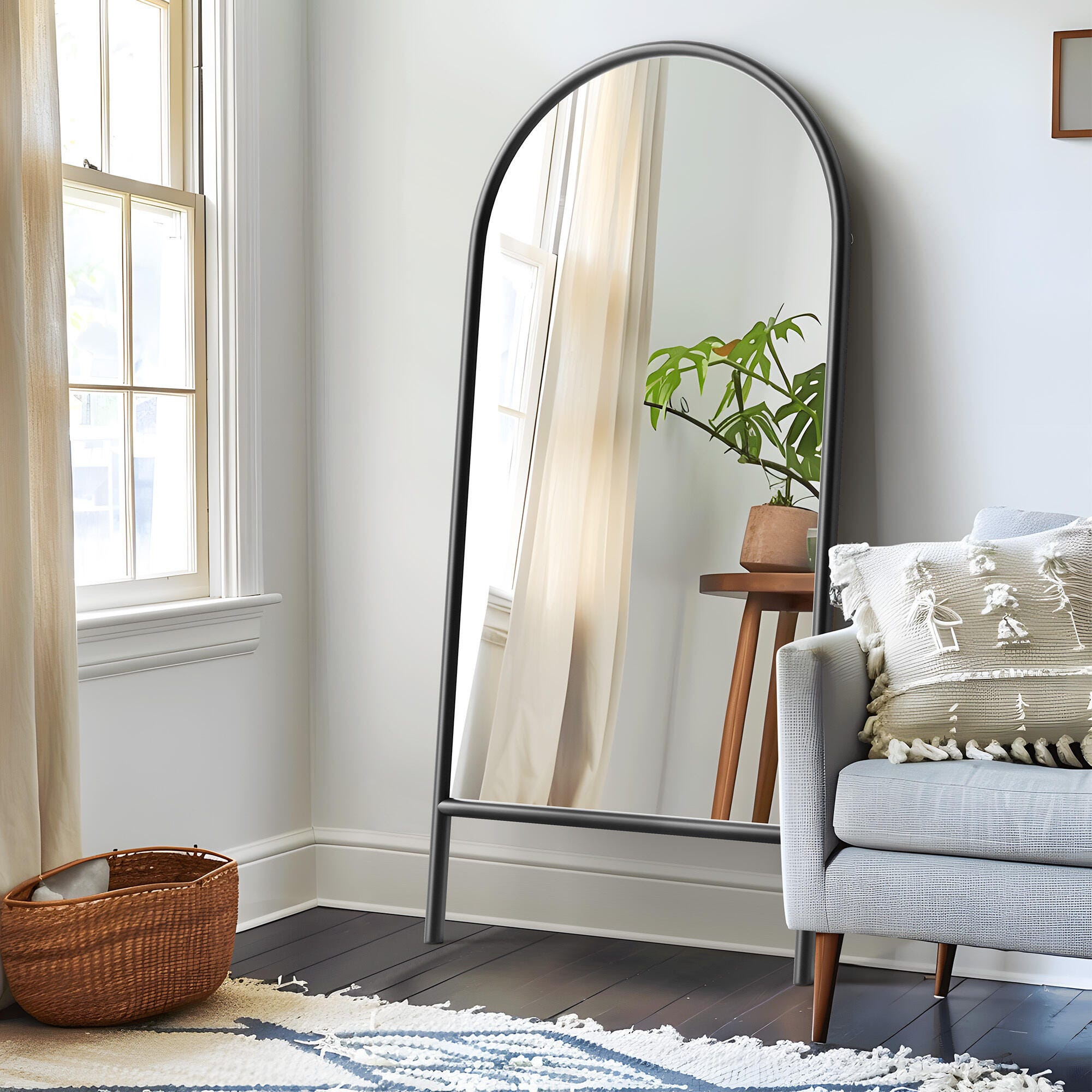 Dulcea 71" Ladder Arched Floor Mirror, Black, large