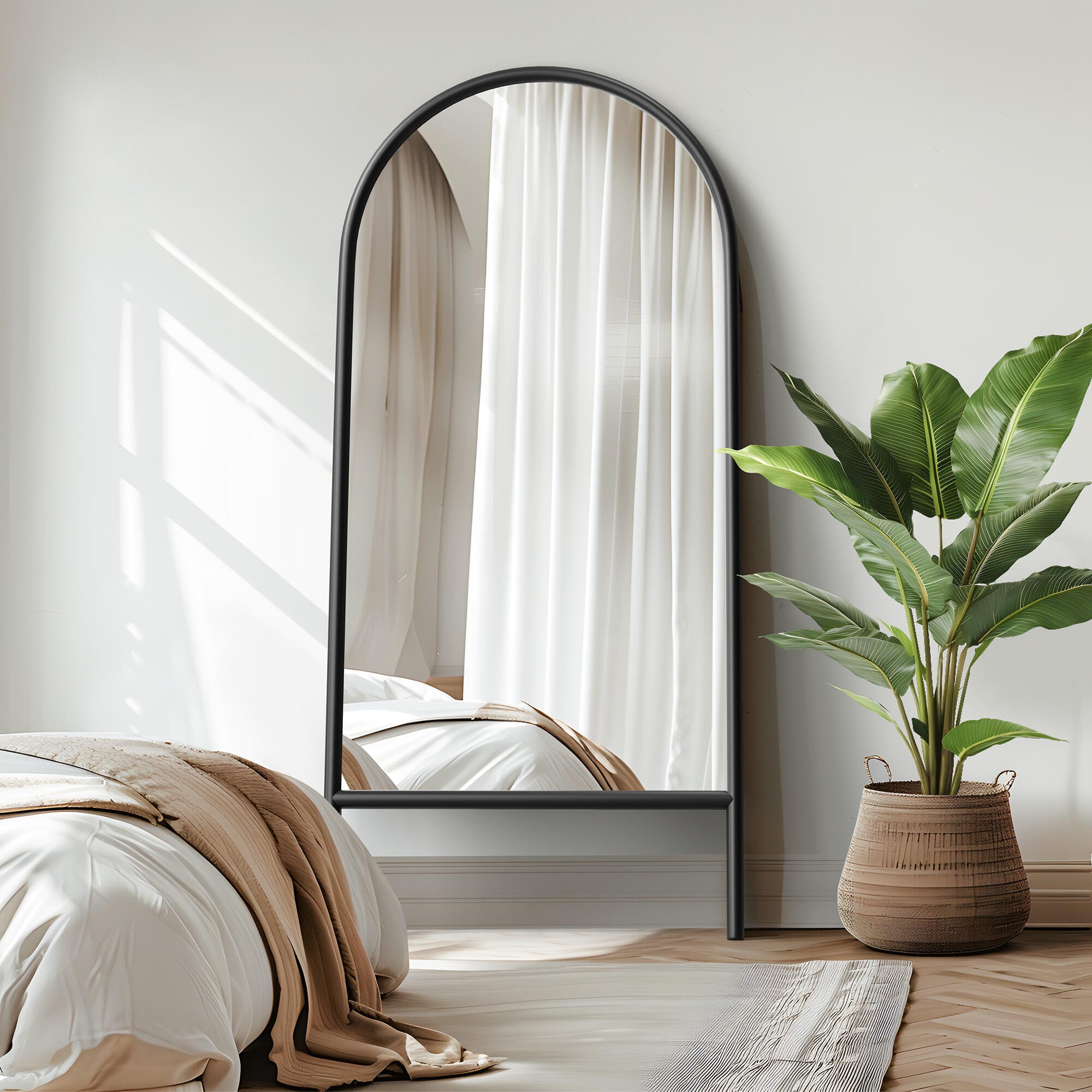 Dulcea 71" Ladder Arched Floor Mirror, Black, large