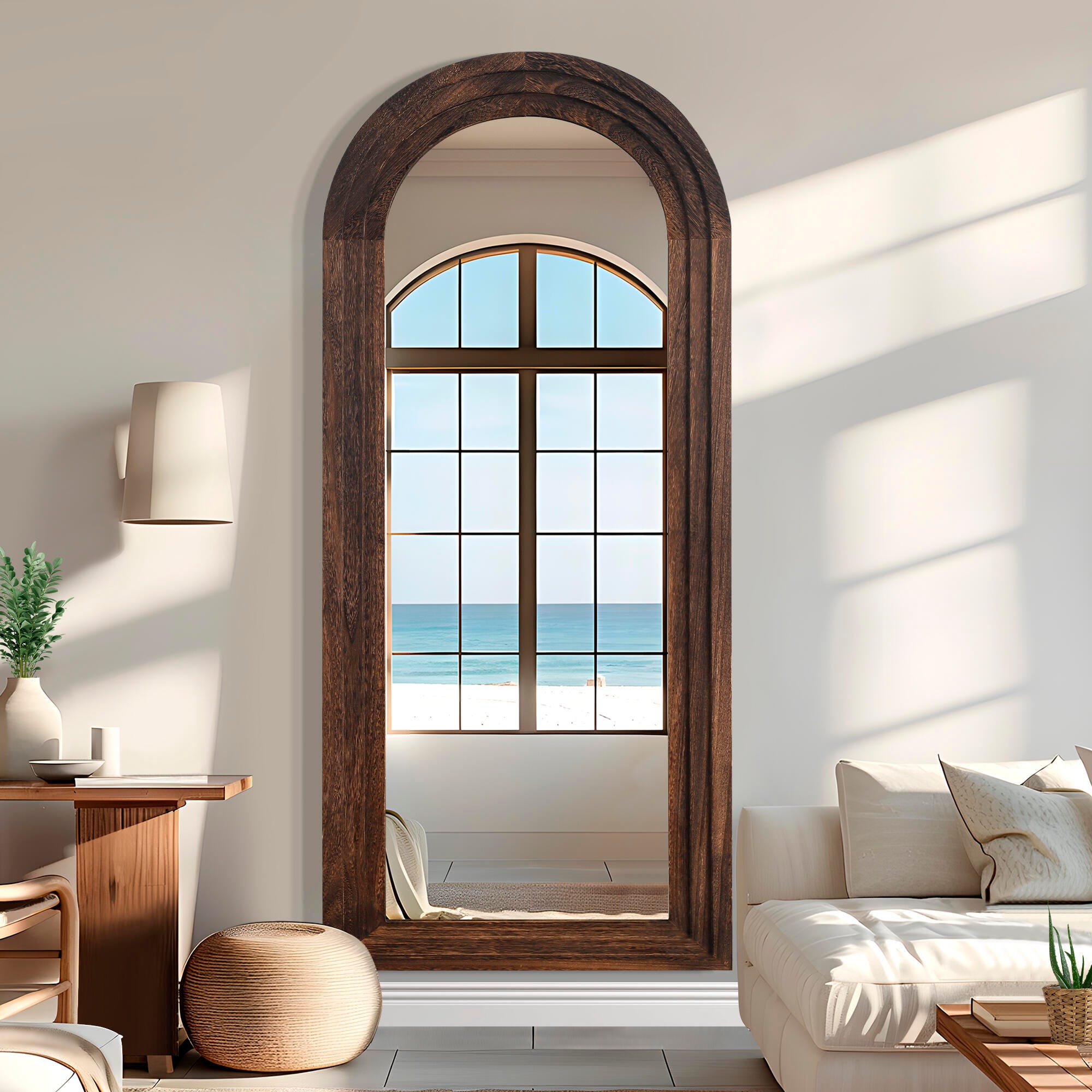 Dulcea 71" Classic Arched Framed Mirror, Brown, rollover